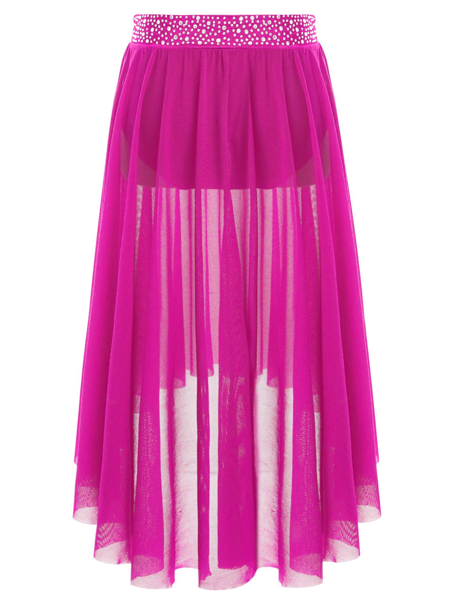 Kids Girls Rhinestones Mesh Hi-Lo Skirt for Lyrical Contemporary Dance