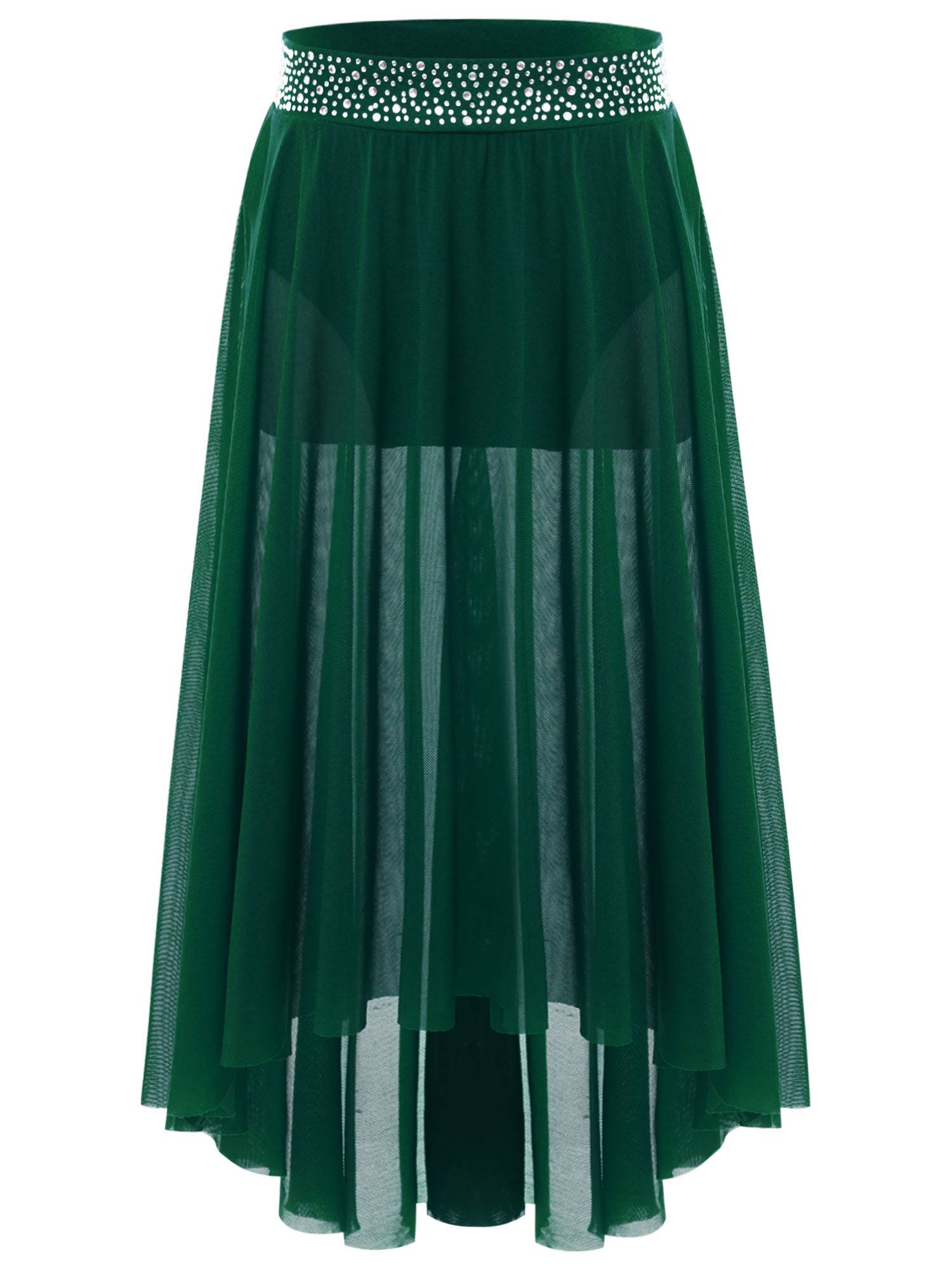Kids Girls Rhinestones Mesh Hi-Lo Skirt for Lyrical Contemporary Dance