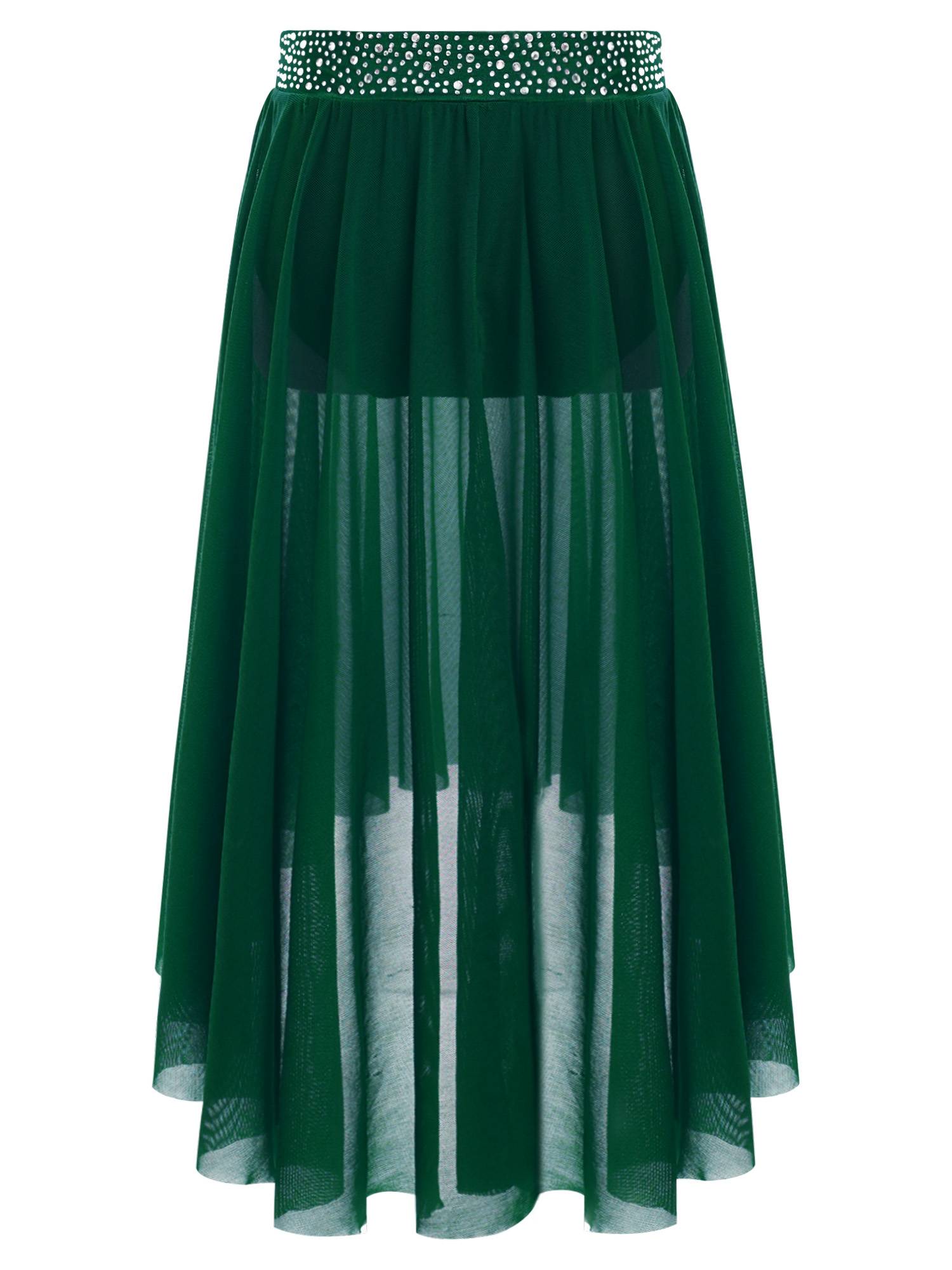 Kids Girls Rhinestones Mesh Hi-Lo Skirt for Lyrical Contemporary Dance