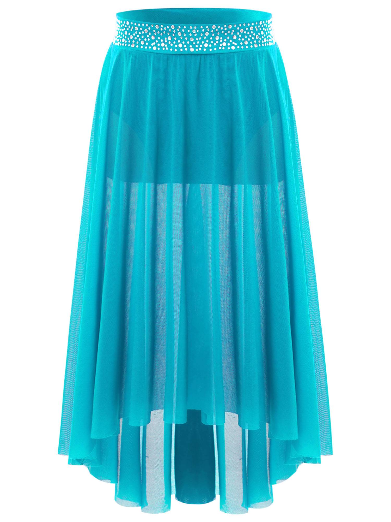 Kids Girls Rhinestones Mesh Hi-Lo Skirt for Lyrical Contemporary Dance