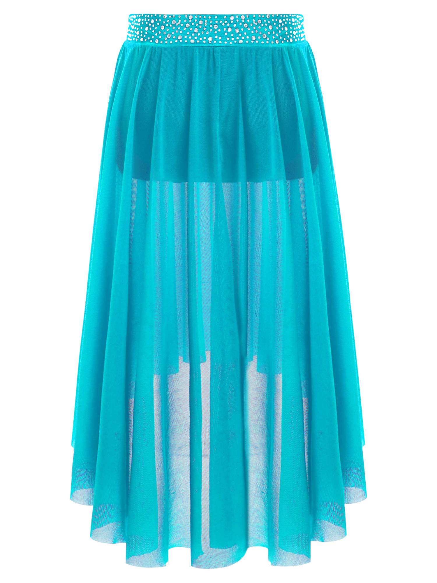 Kids Girls Rhinestones Mesh Hi-Lo Skirt for Lyrical Contemporary Dance