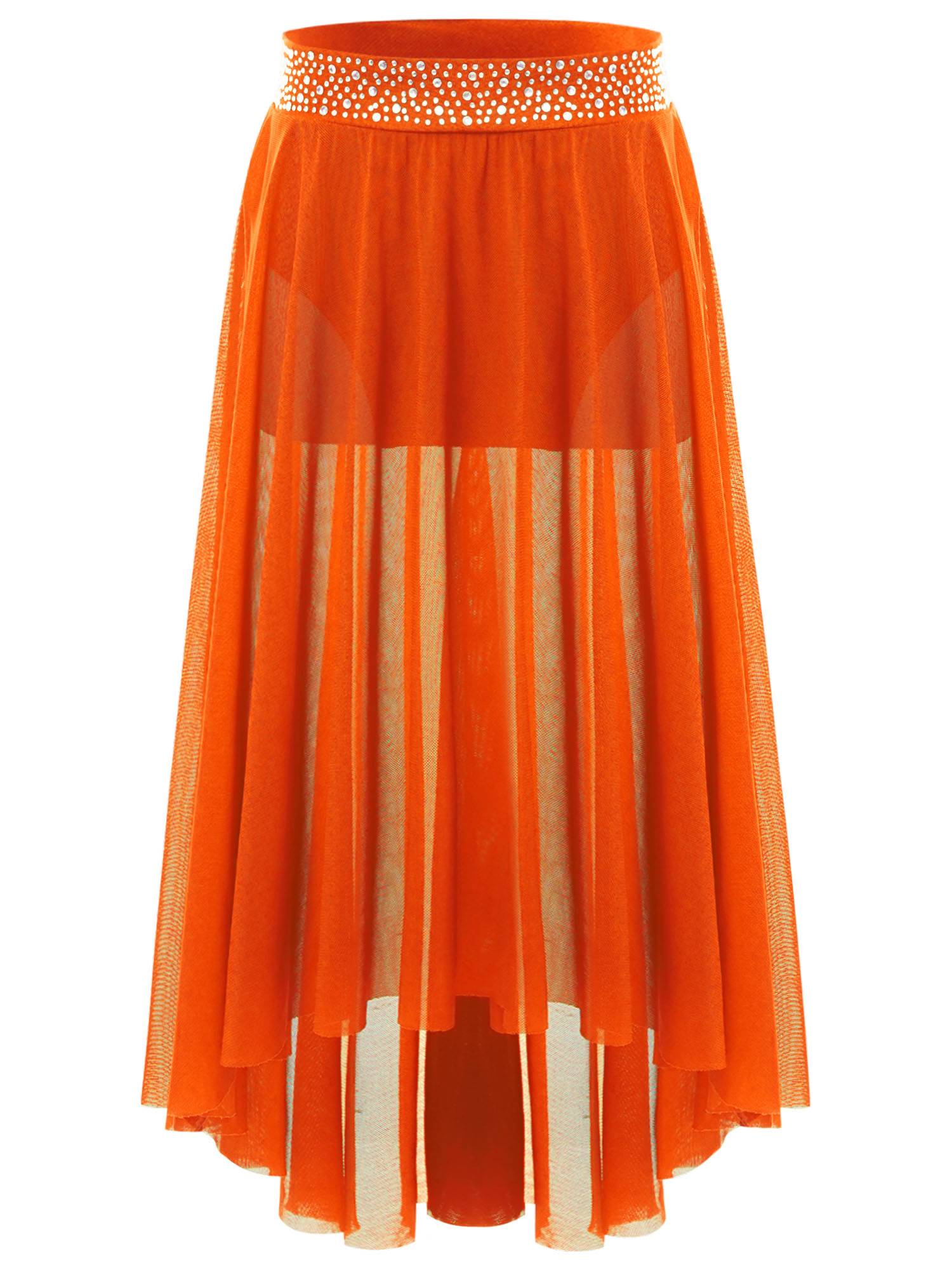 Kids Girls Rhinestones Mesh Hi-Lo Skirt for Lyrical Contemporary Dance