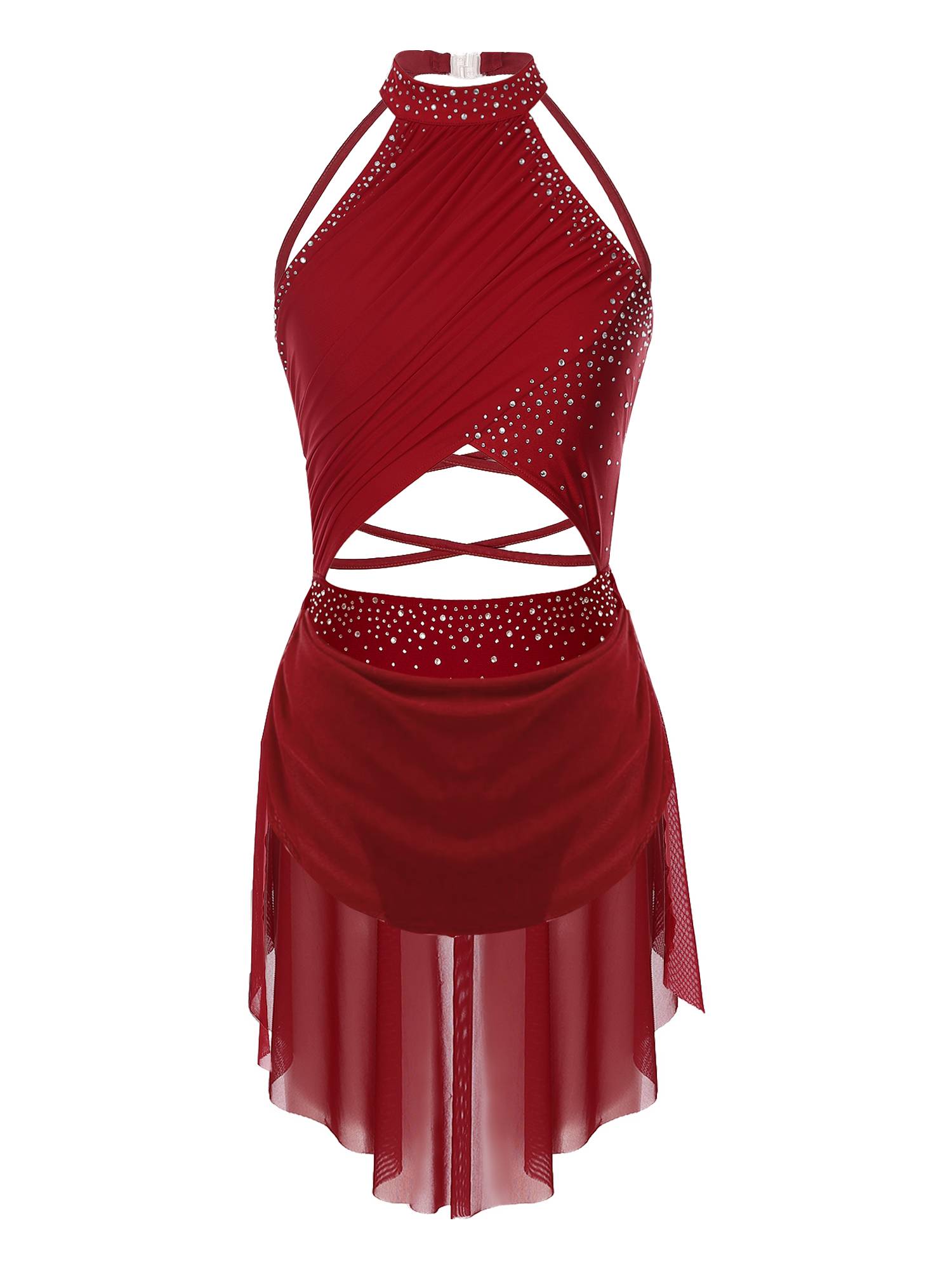 Women Sleeveless Backless Mesh Rhinestone Lyrical Dance Leotard Dress