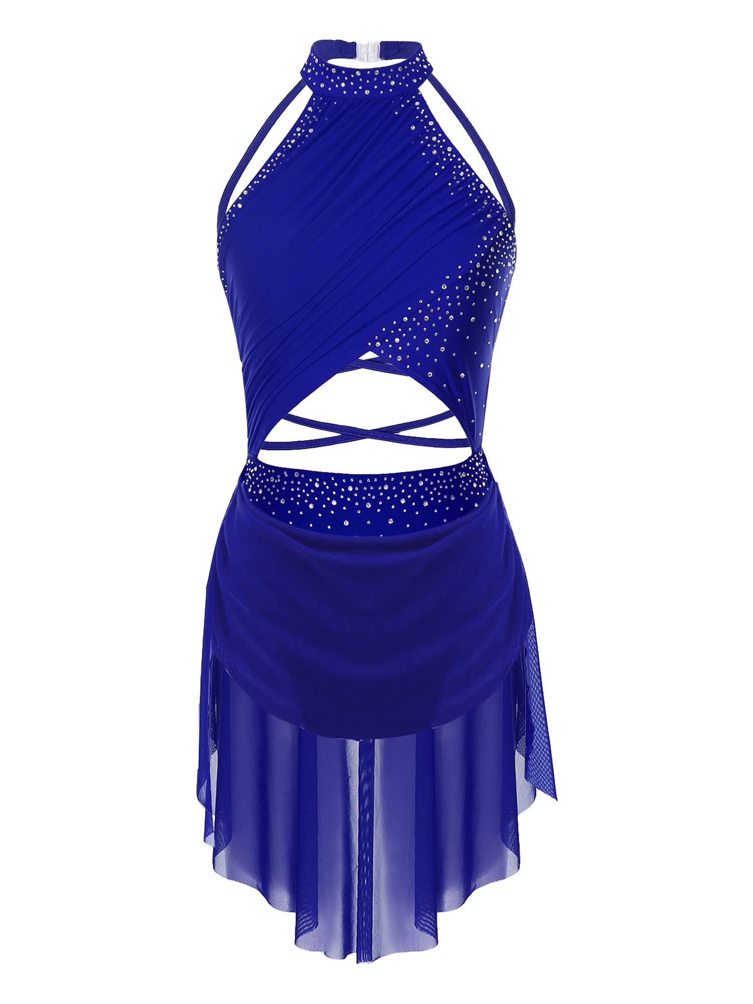 Women Sleeveless Backless Mesh Rhinestone Lyrical Dance Leotard Dress