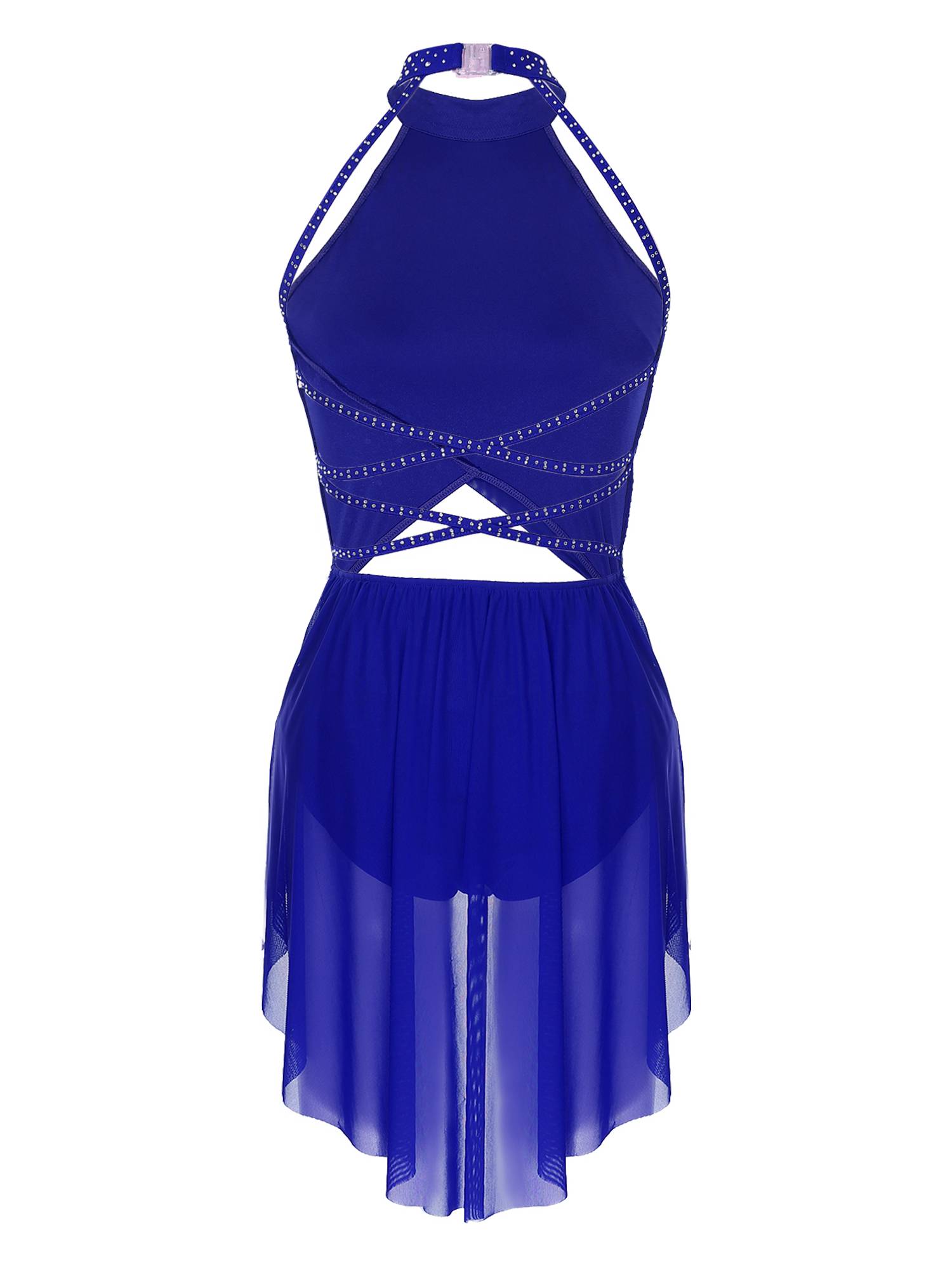 Women Sleeveless Backless Mesh Rhinestone Lyrical Dance Leotard Dress