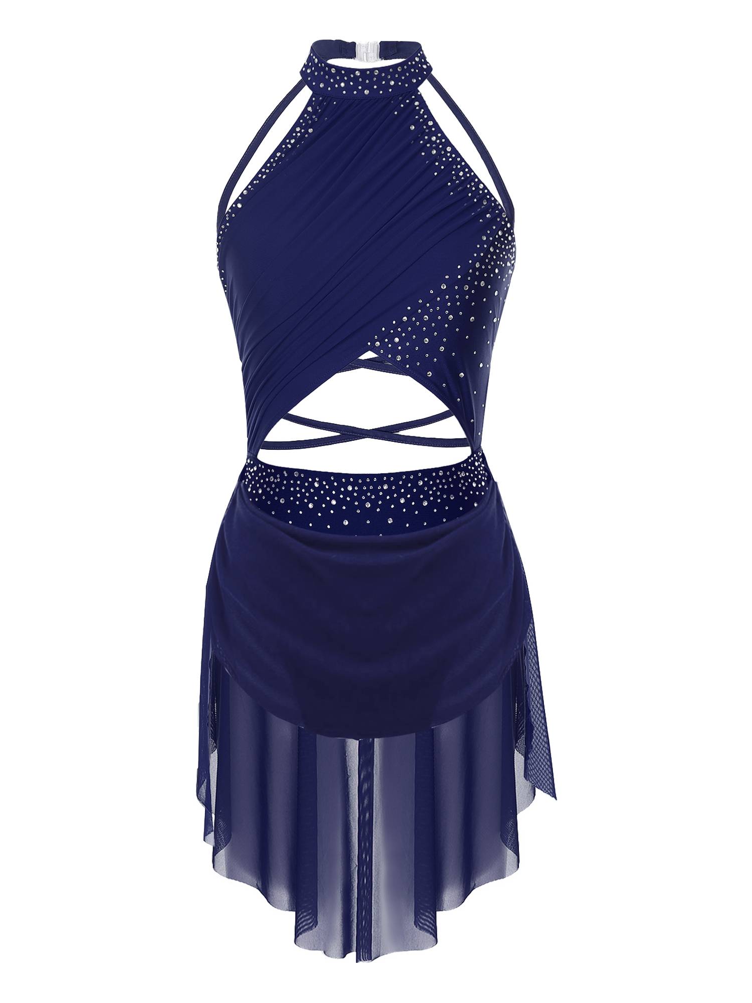 Women Sleeveless Backless Mesh Rhinestone Lyrical Dance Leotard Dress