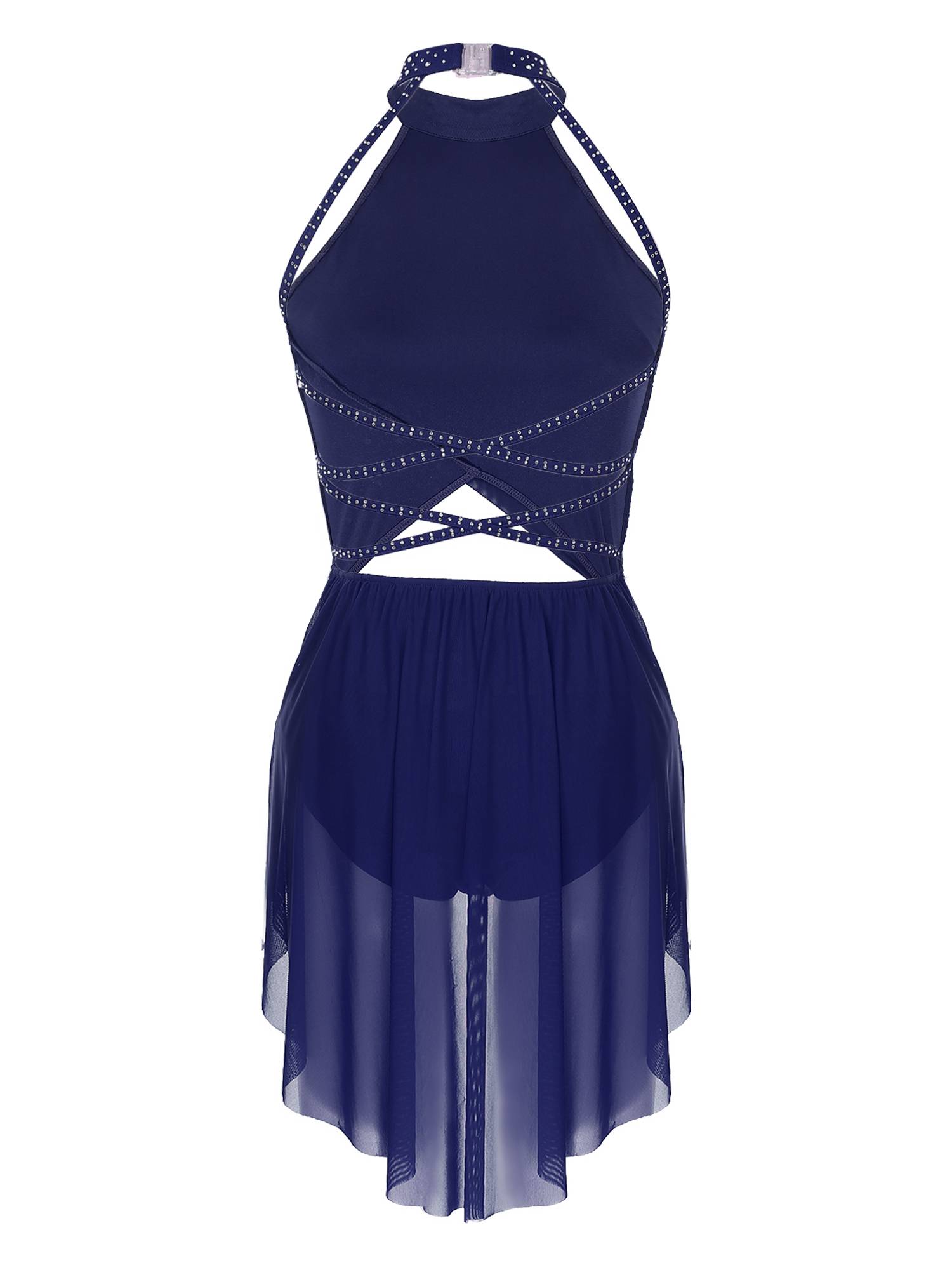 Women Sleeveless Backless Mesh Rhinestone Lyrical Dance Leotard Dress