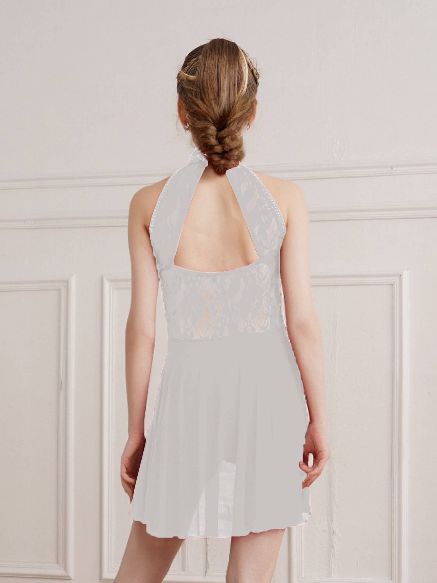 Kids Girls Sleeveless Floral Lace Lyrical Dance Leotard Dress