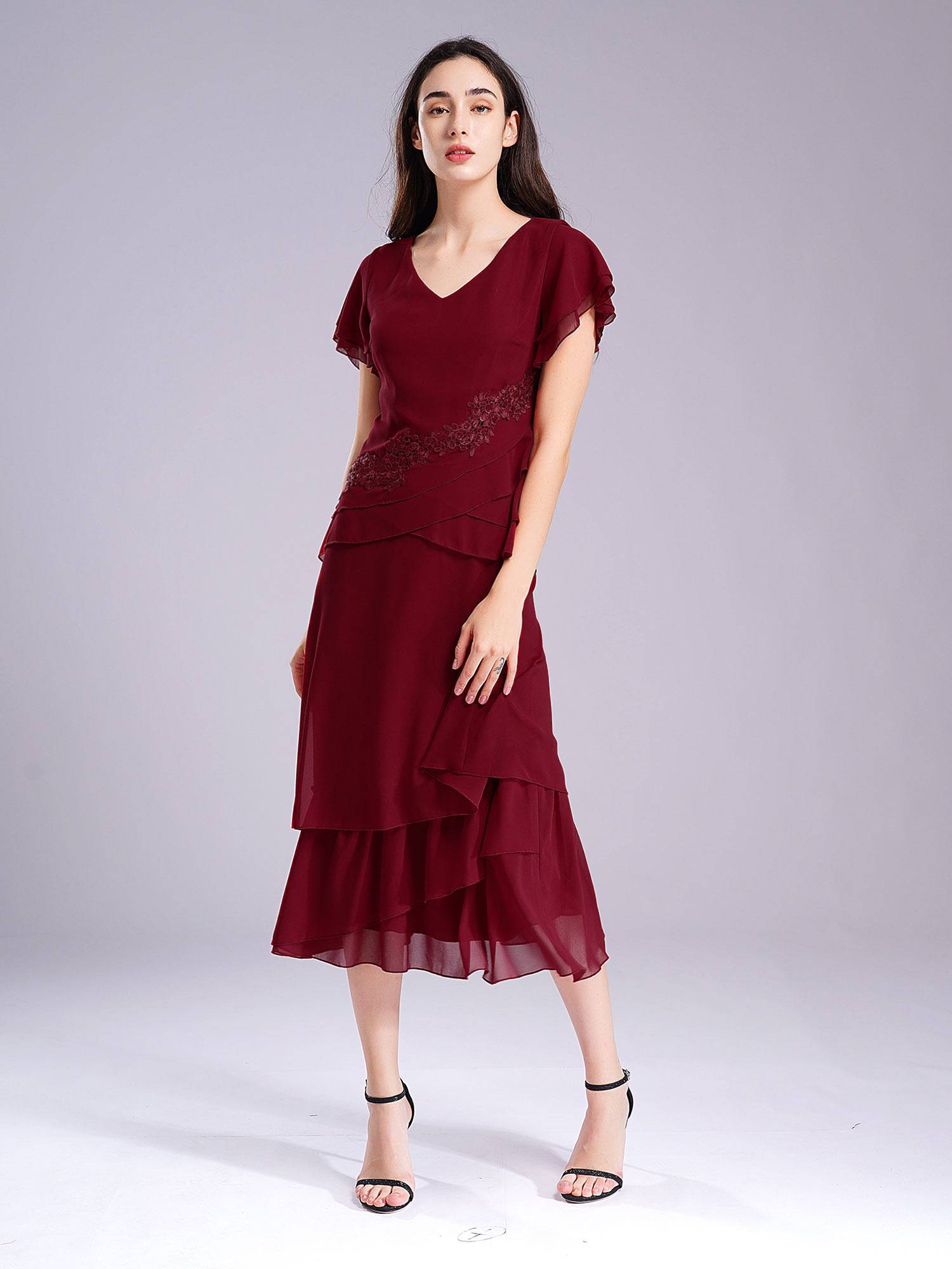 Women Chiffon V Neck Short Sleeve Floral Embroidery Mother of Bride Dress