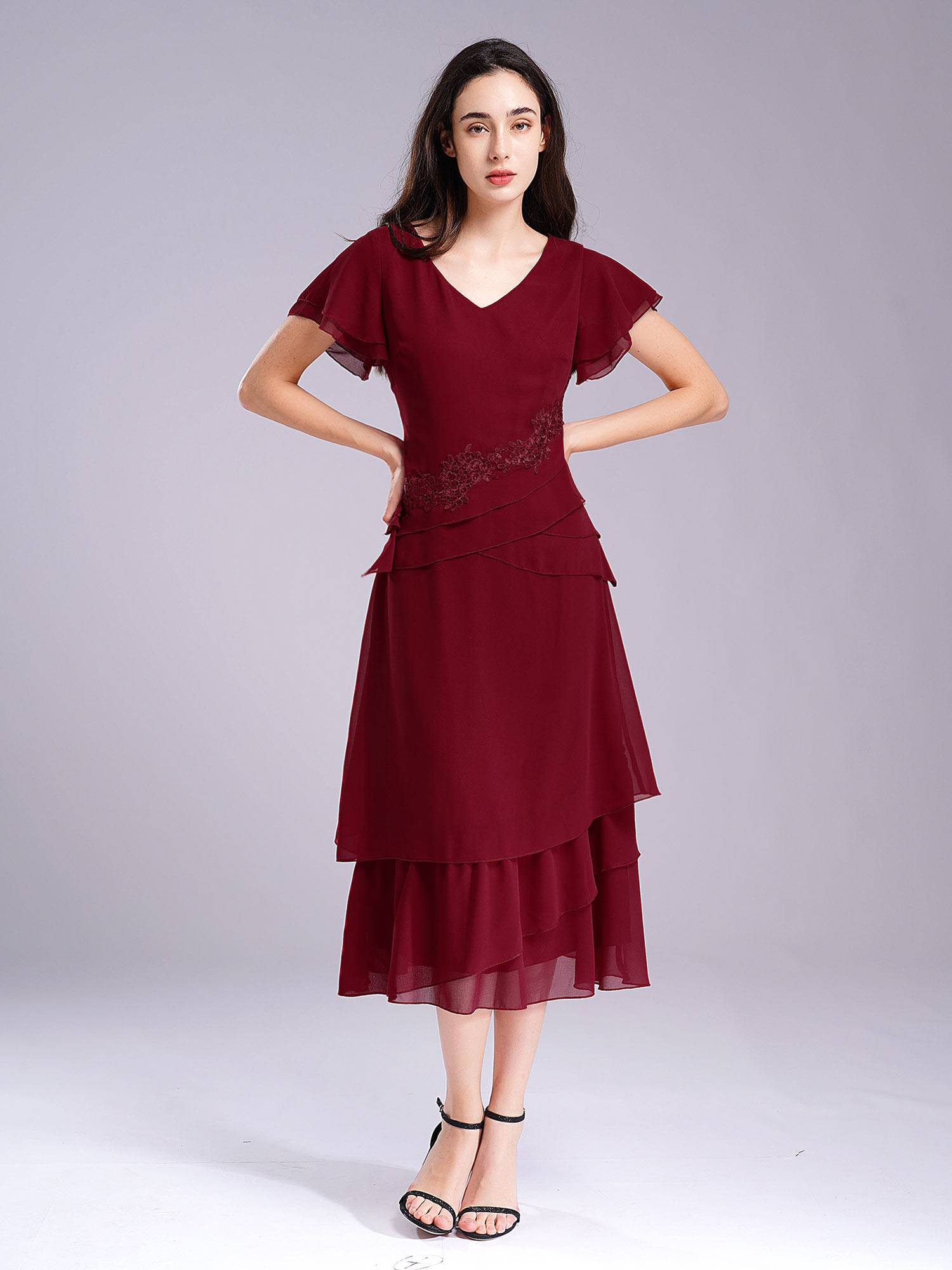 Women Chiffon V Neck Short Sleeve Floral Embroidery Mother of Bride Dress