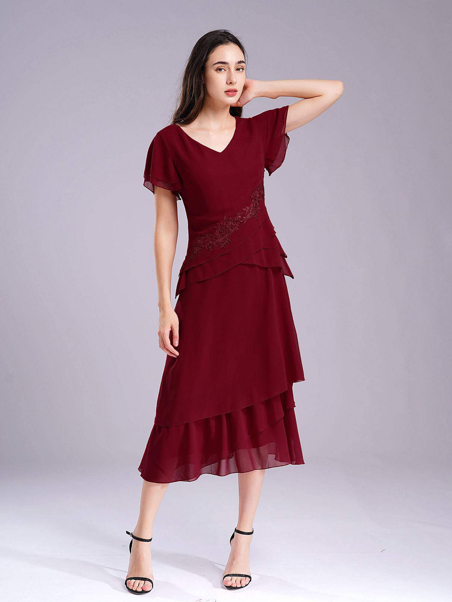 Women Chiffon V Neck Short Sleeve Floral Embroidery Mother of Bride Dress