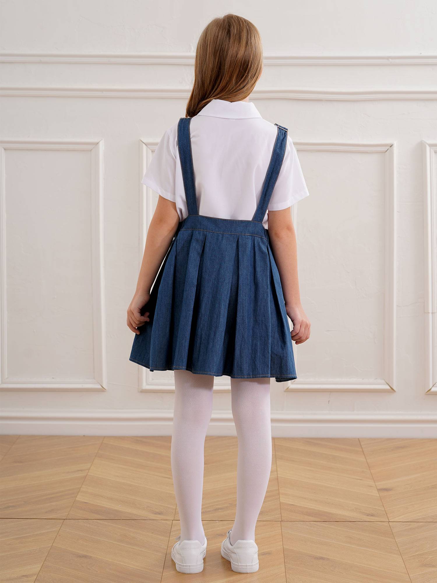 Kids Girls Sleeveless Adjustable Suspenders Denim Overall Pleated Dress