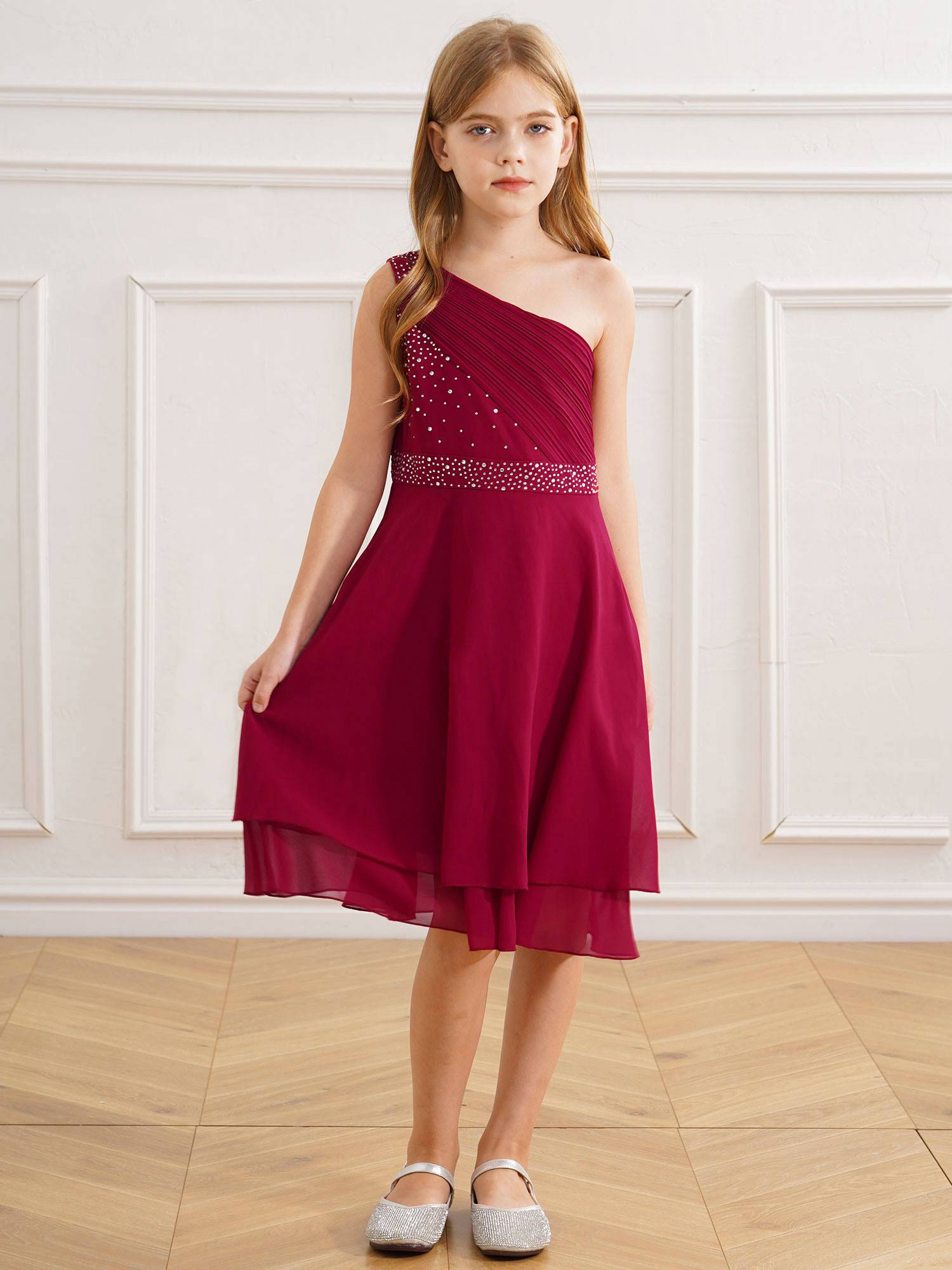 Kids Girls A-line Rhinestone One Shoulder Sleeveless Chiffon Flower Girl Dress