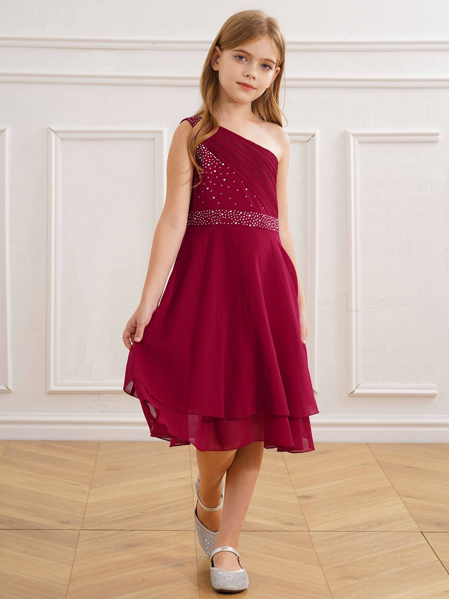 Kids Girls A-line Rhinestone One Shoulder Sleeveless Chiffon Flower Girl Dress