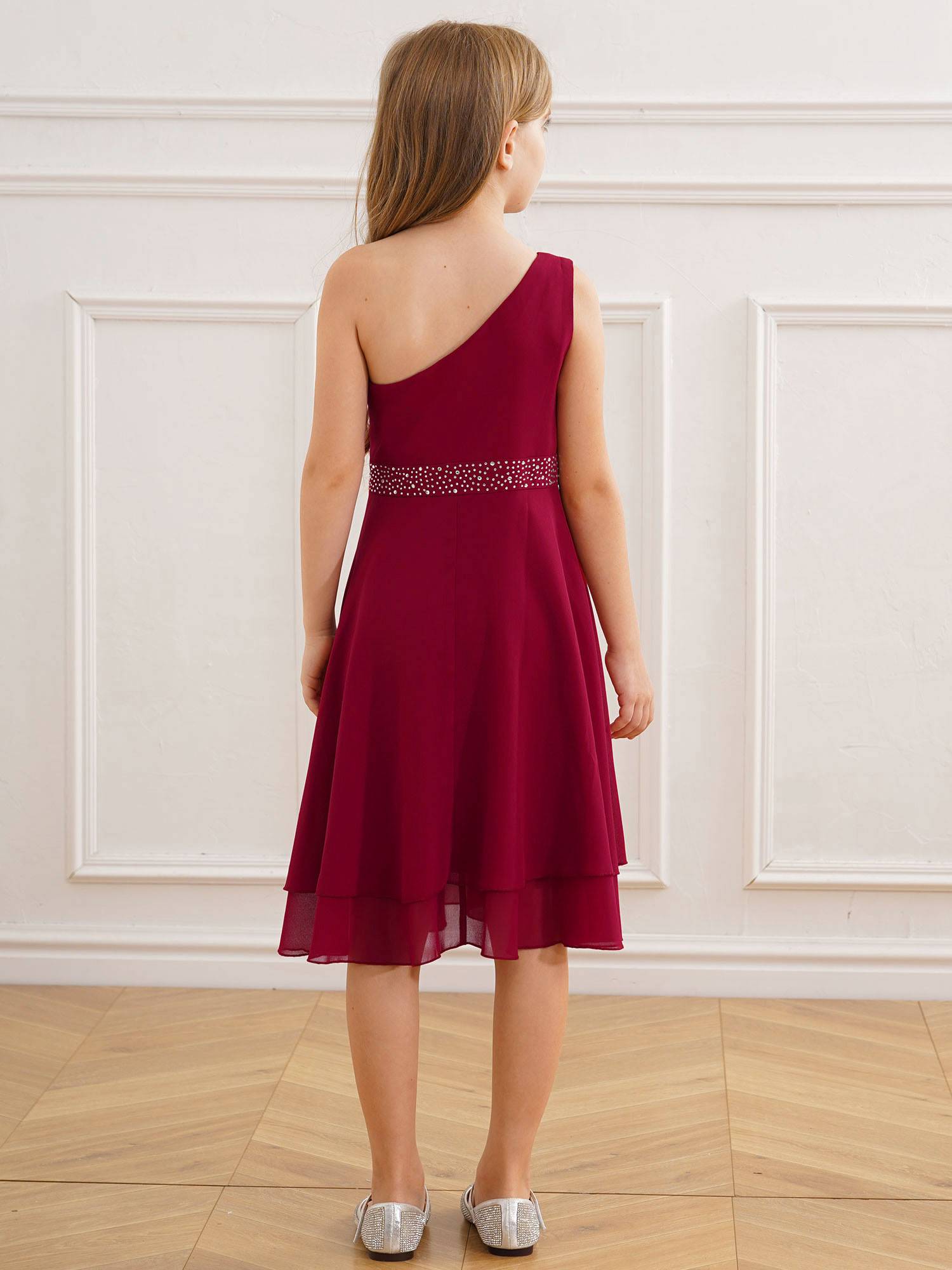 Kids Girls A-line Rhinestone One Shoulder Sleeveless Chiffon Flower Girl Dress