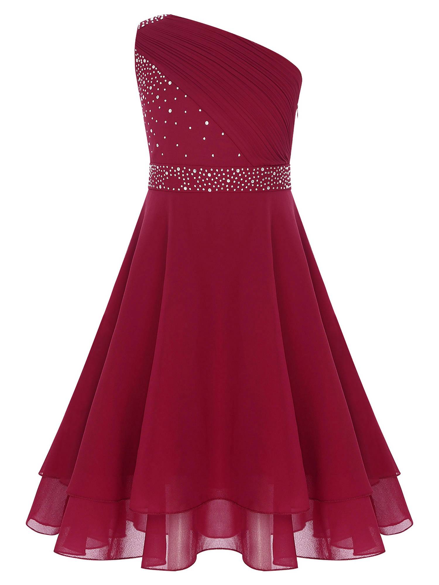 Kids Girls A-line Rhinestone One Shoulder Sleeveless Chiffon Flower Girl Dress