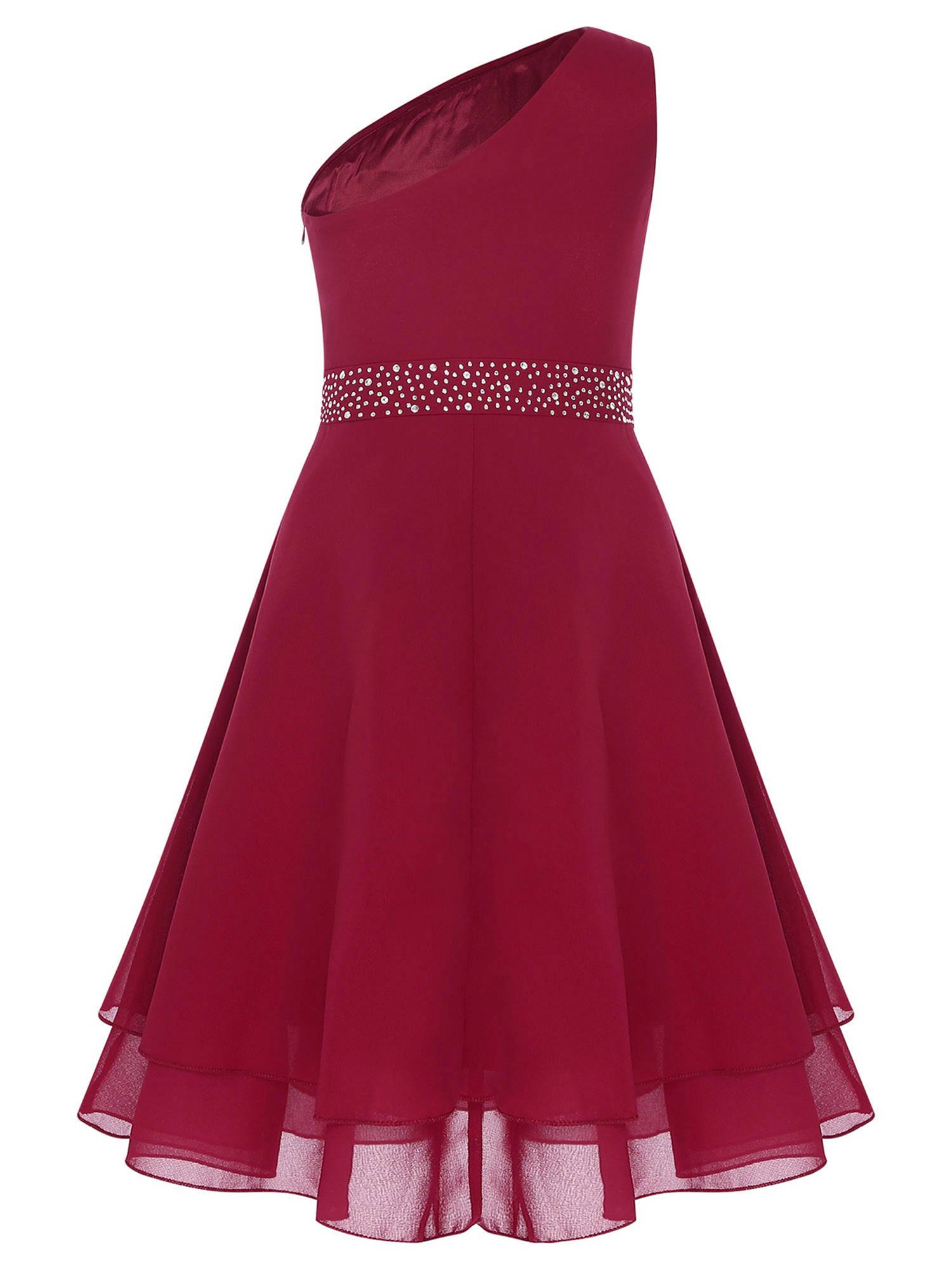 Kids Girls A-line Rhinestone One Shoulder Sleeveless Chiffon Flower Girl Dress