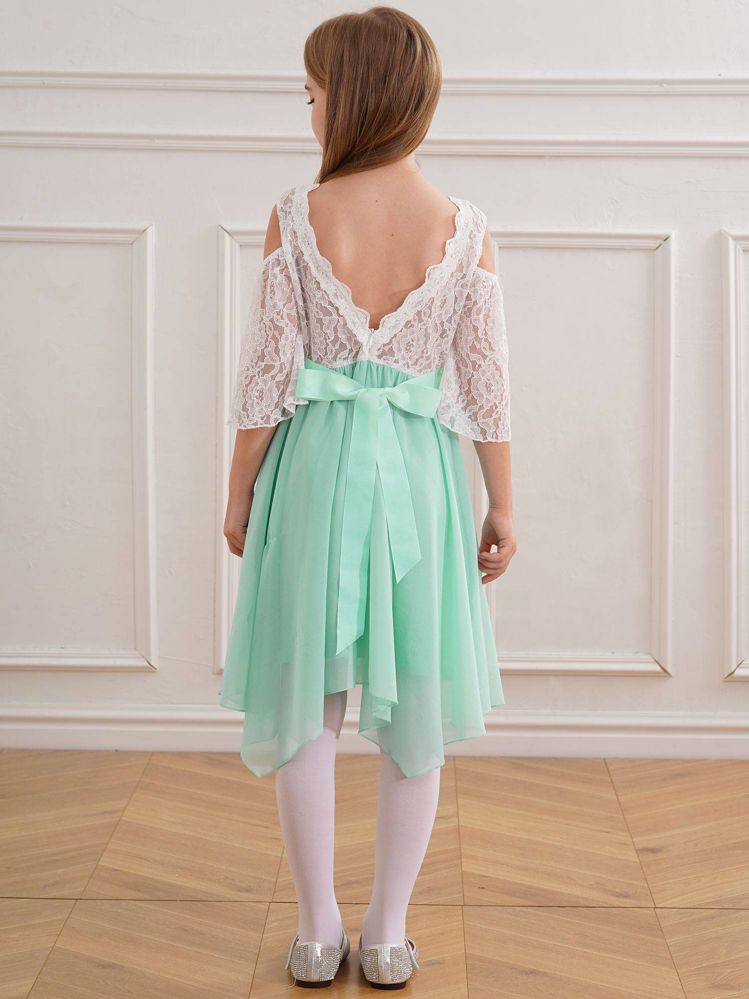 Kids Girls Party Dress with Rhinestone Belt Flare Sleeve Asymmetrical Dress