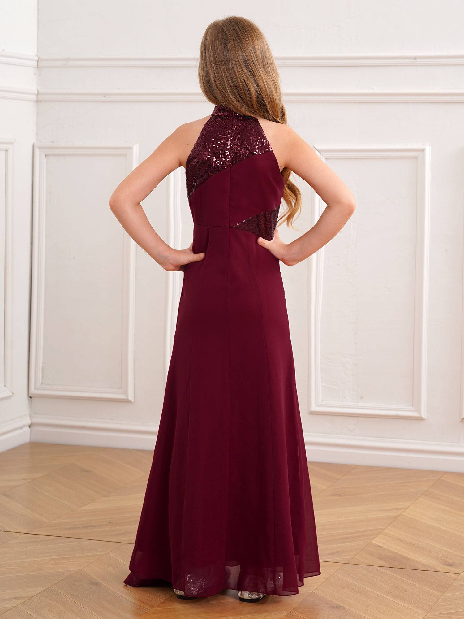 Kids Girls Halter Neck Sleeveless Sequins Maxi Dress for Wedding