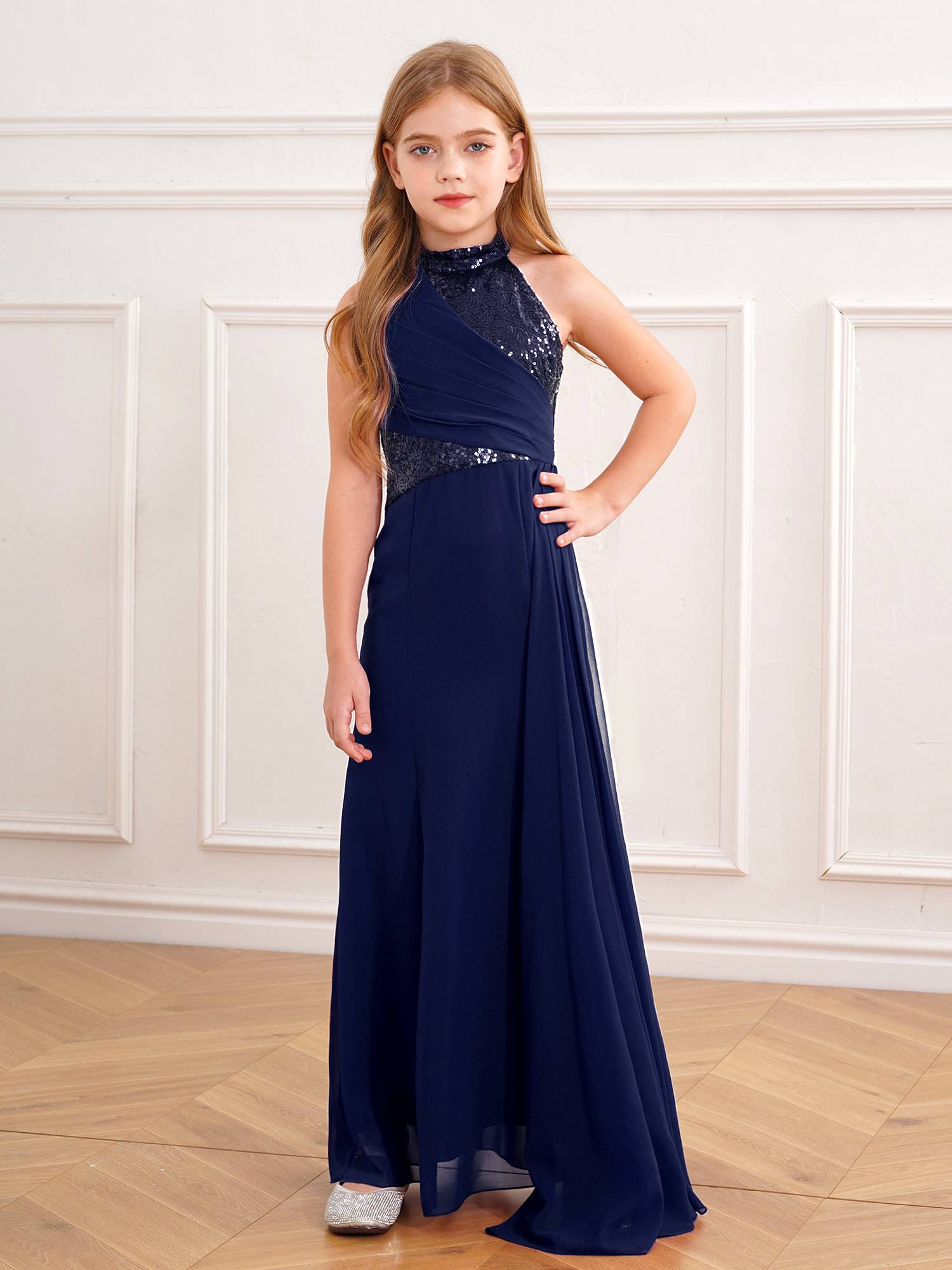 Kids Girls Halter Neck Sleeveless Sequins Maxi Dress for Wedding