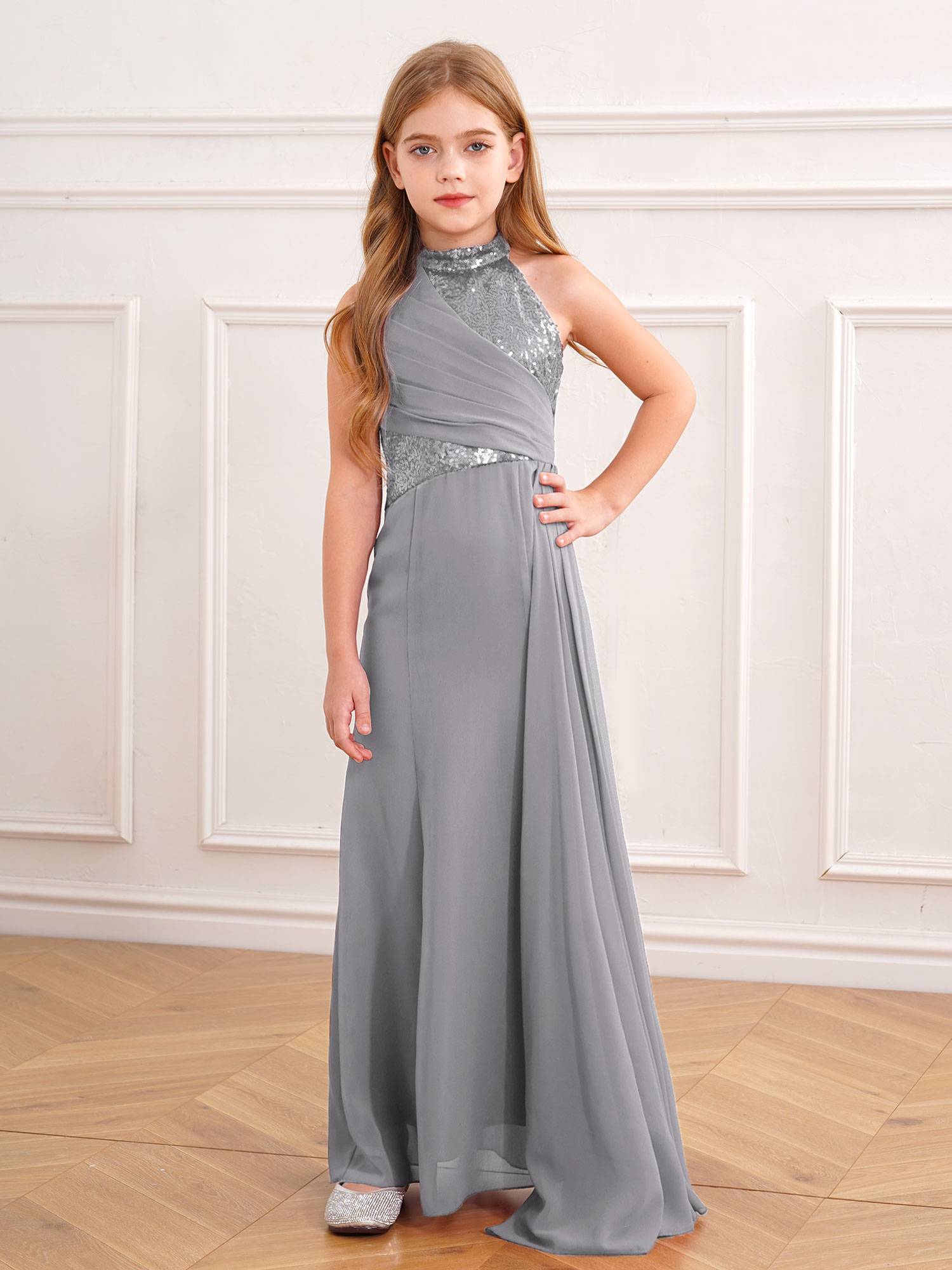 Kids Girls Halter Neck Sleeveless Sequins Maxi Dress for Wedding