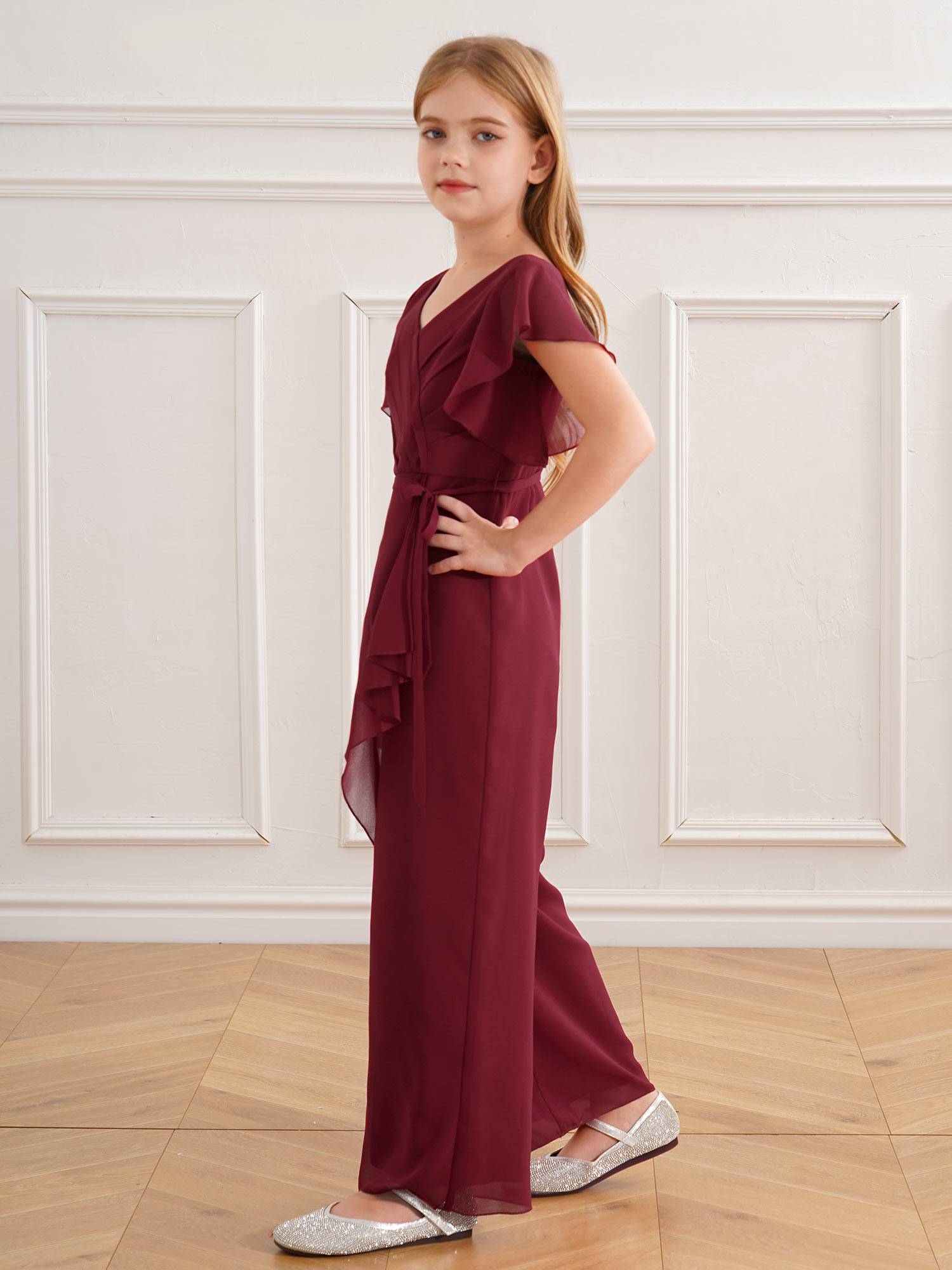 Kids Girls V Neck Chiffon Short Sleeve Empire Waist Party Jumpsuit