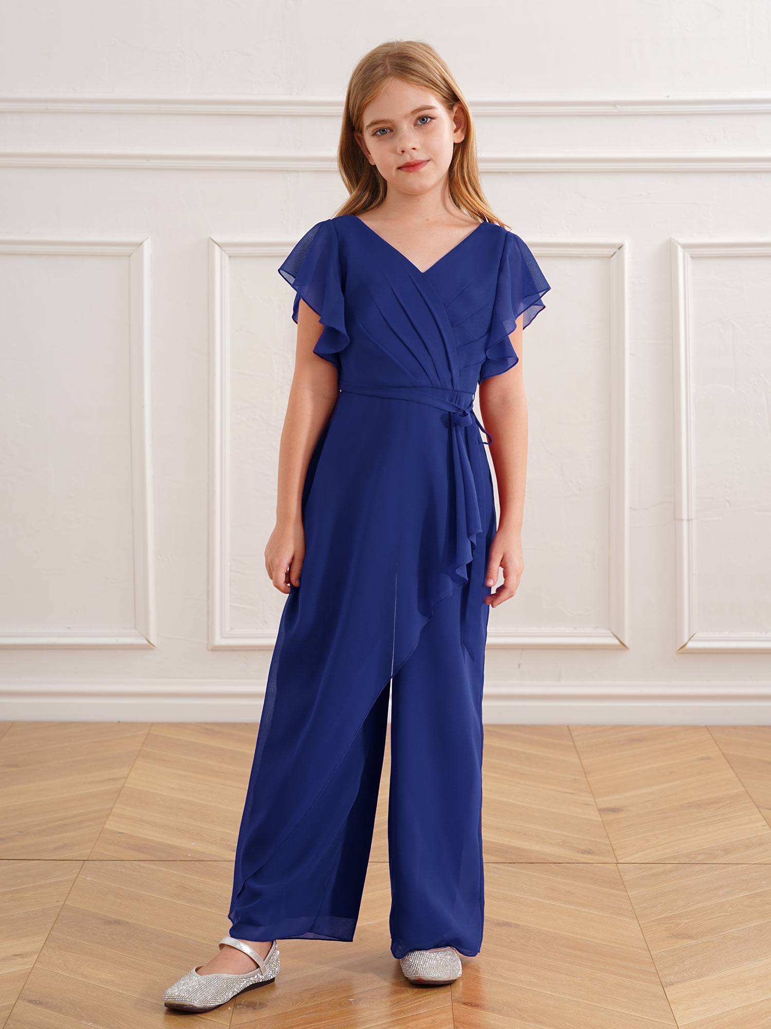 Kids Girls V Neck Chiffon Short Sleeve Empire Waist Party Jumpsuit