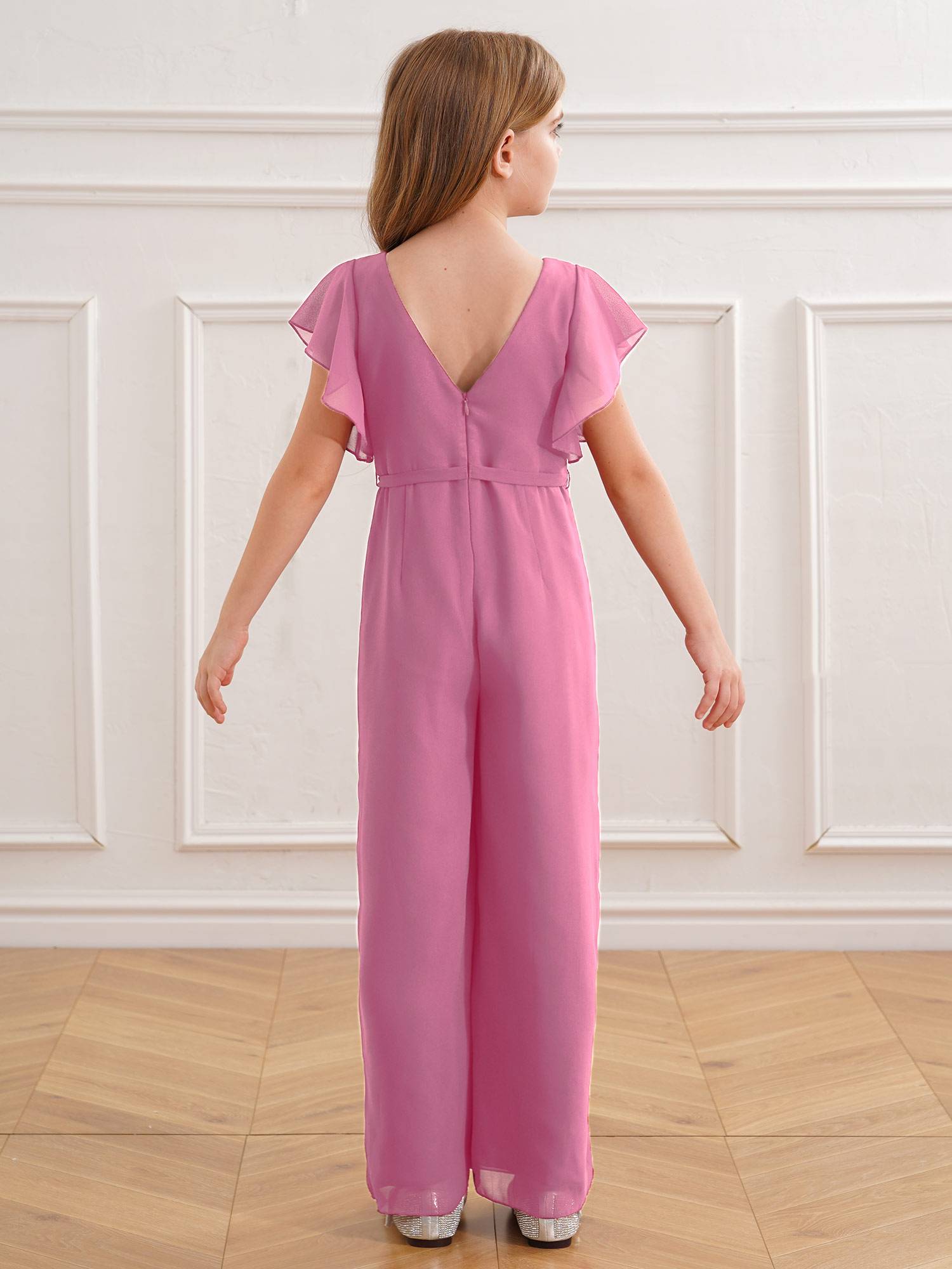 Kids Girls V Neck Chiffon Short Sleeve Empire Waist Party Jumpsuit