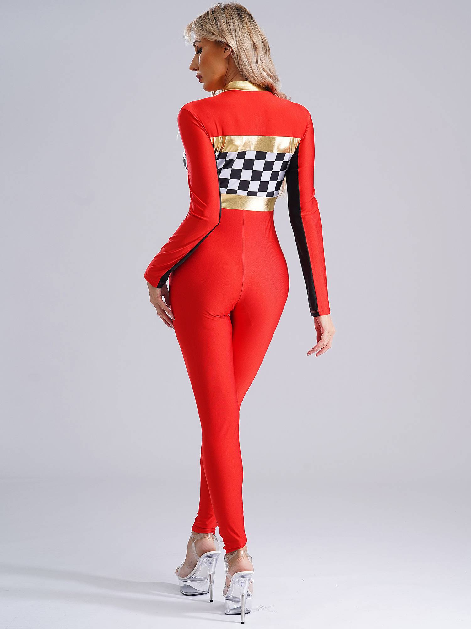 Women Long Sleeve Front Zipper Checkerboard Print Racer Driver Jumpsuit