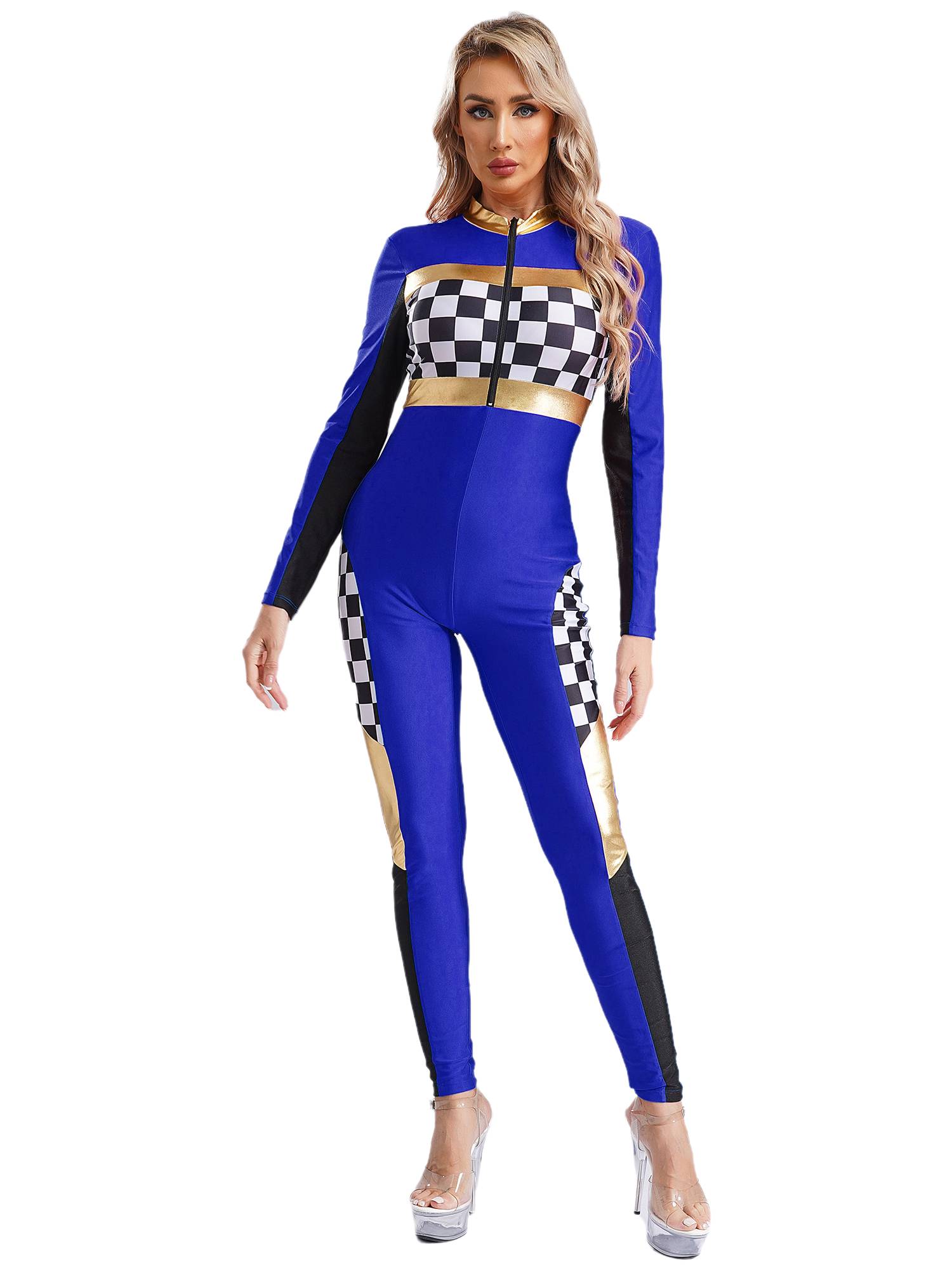 Women Long Sleeve Front Zipper Checkerboard Print Racer Driver Jumpsuit