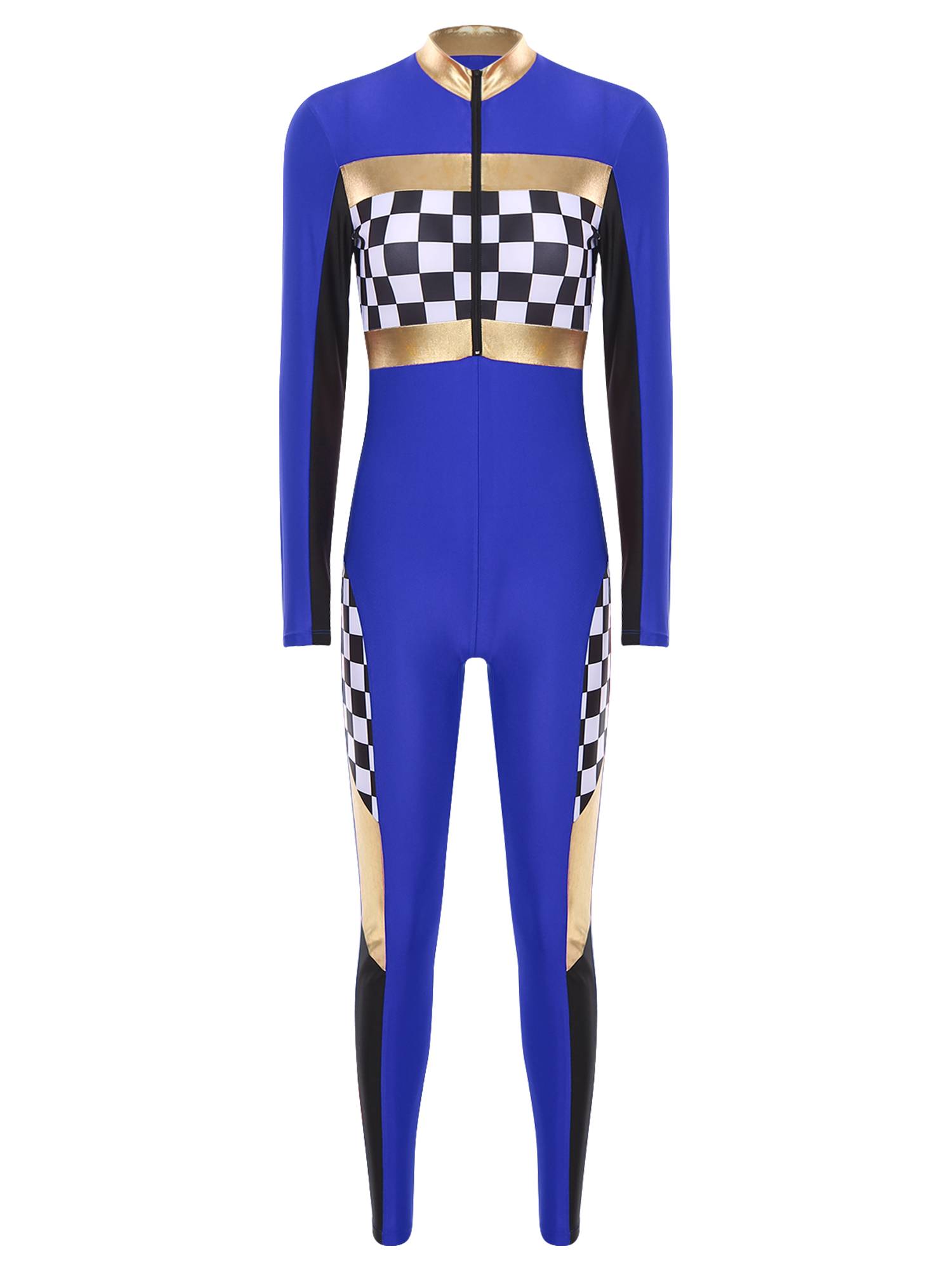Women Long Sleeve Front Zipper Checkerboard Print Racer Driver Jumpsuit