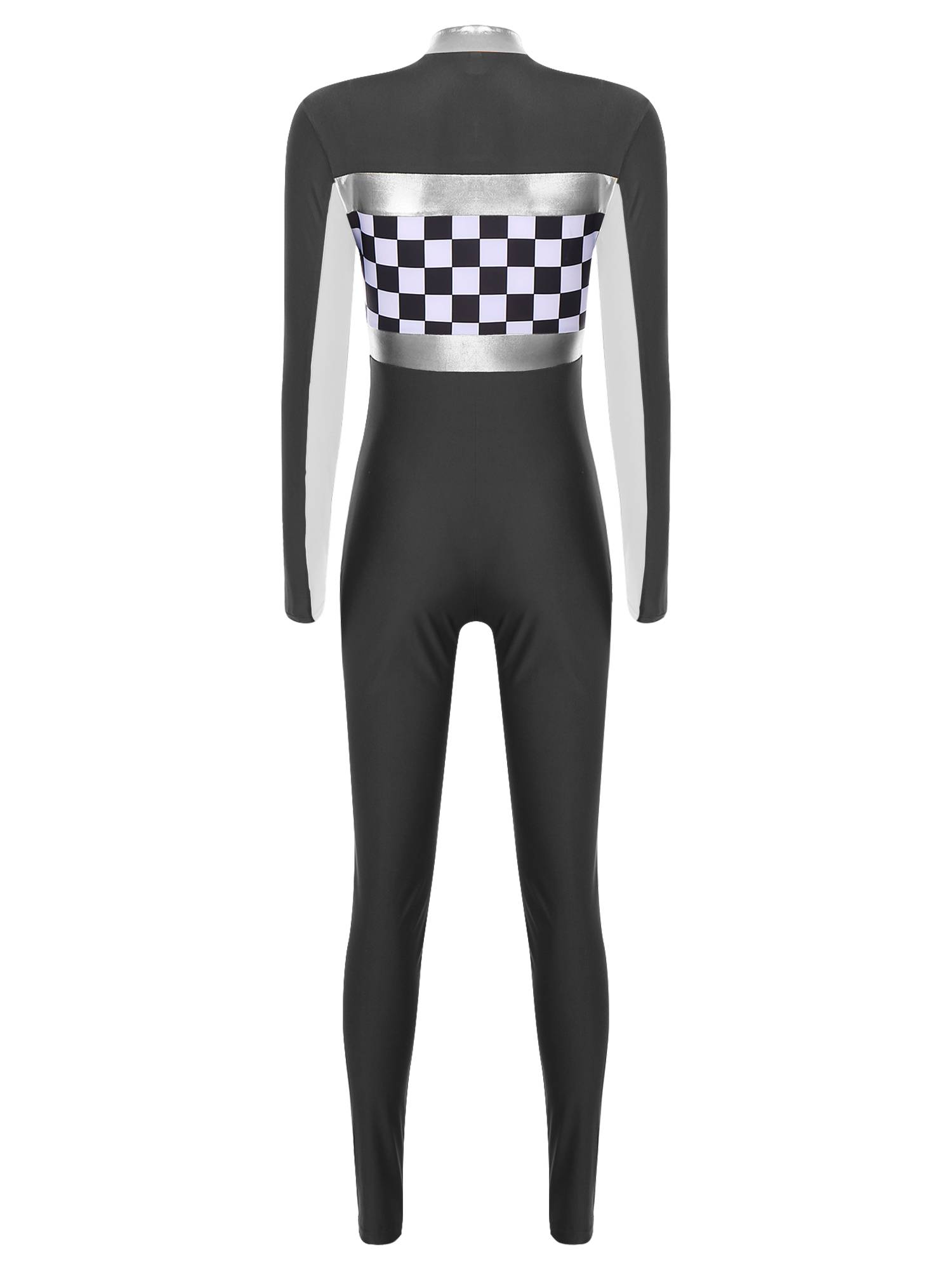 Women Long Sleeve Front Zipper Checkerboard Print Racer Driver Jumpsuit