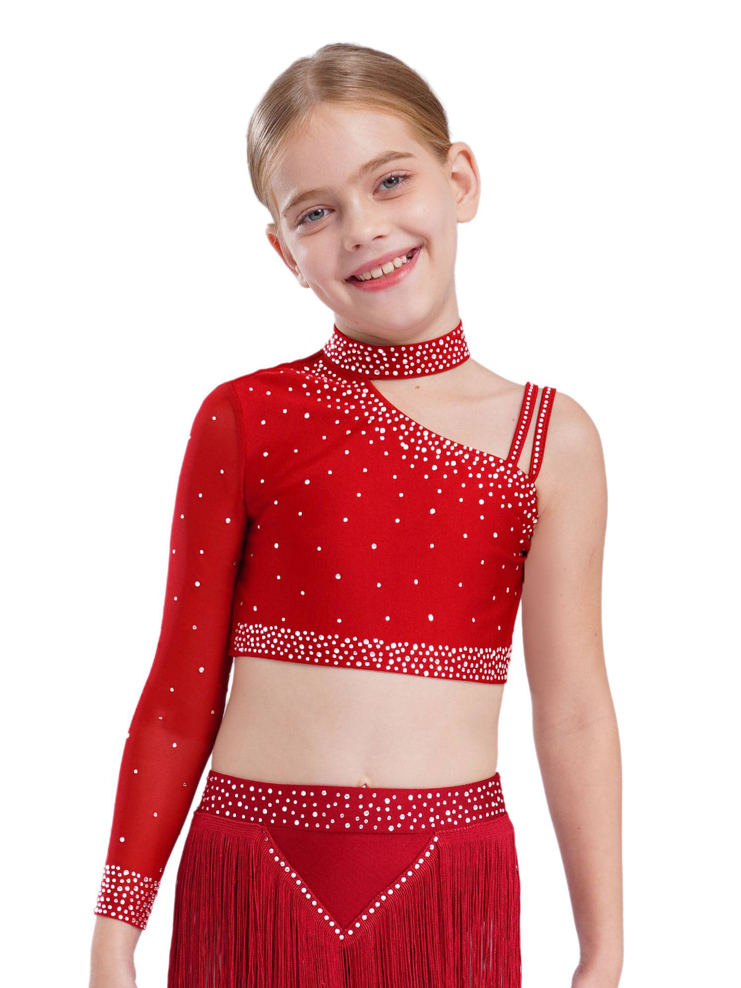 Girls Sparkly Rhinestone 2Pcs Jazz Dance Outfit Crop Top and Feather Skirt