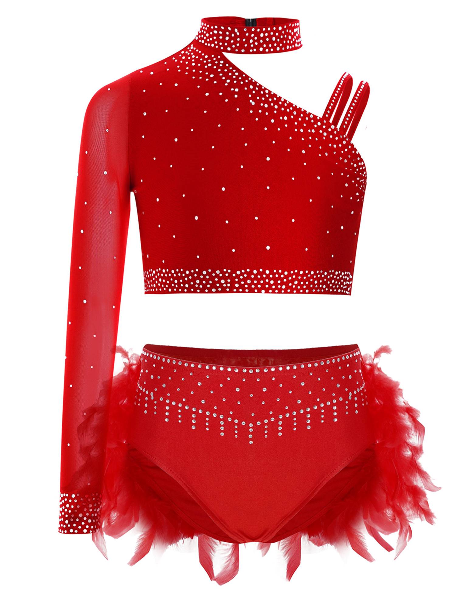 Girls Sparkly Rhinestone 2Pcs Jazz Dance Outfit Crop Top and Feather Skirt