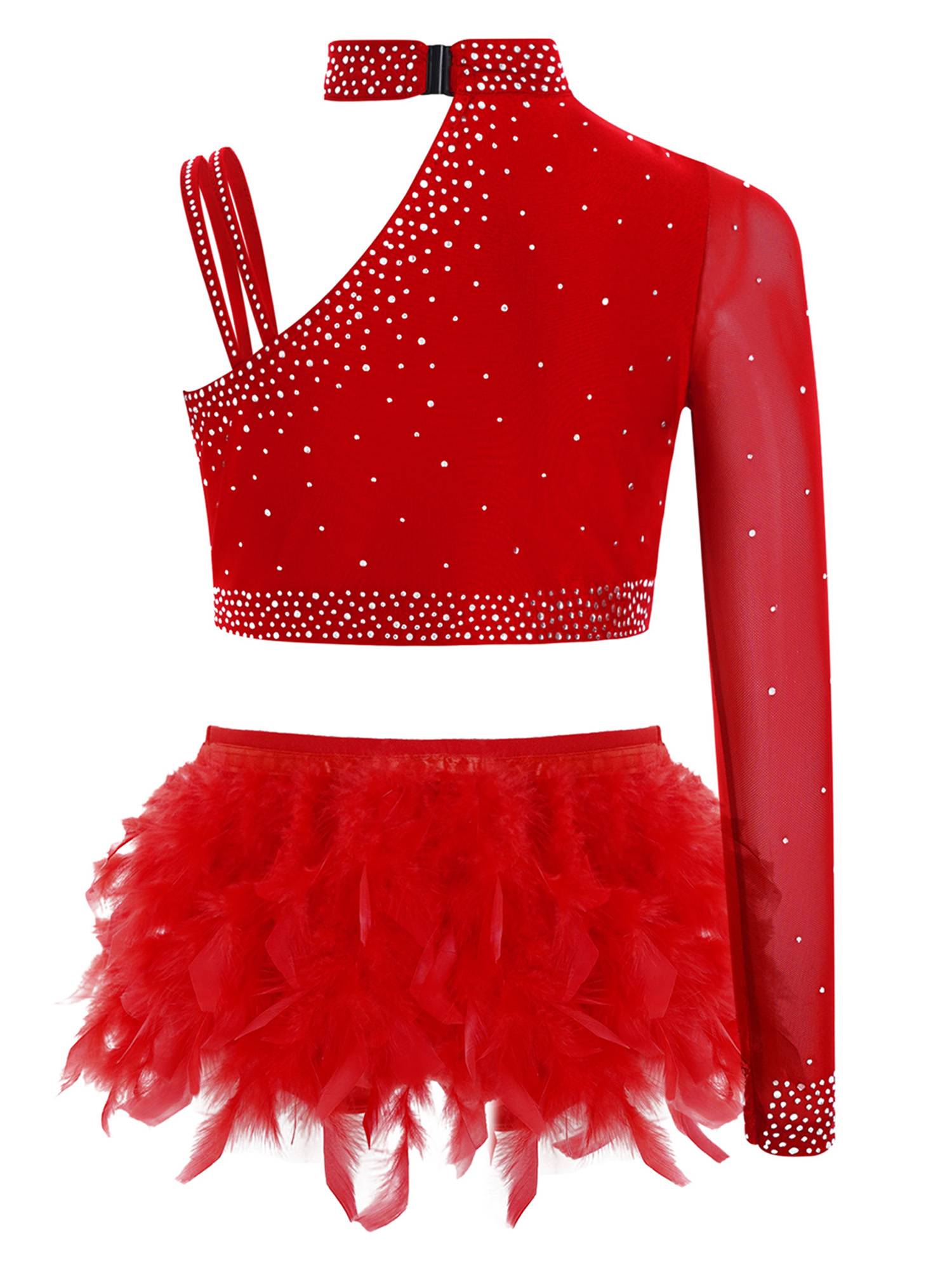Girls Sparkly Rhinestone 2Pcs Jazz Dance Outfit Crop Top and Feather Skirt