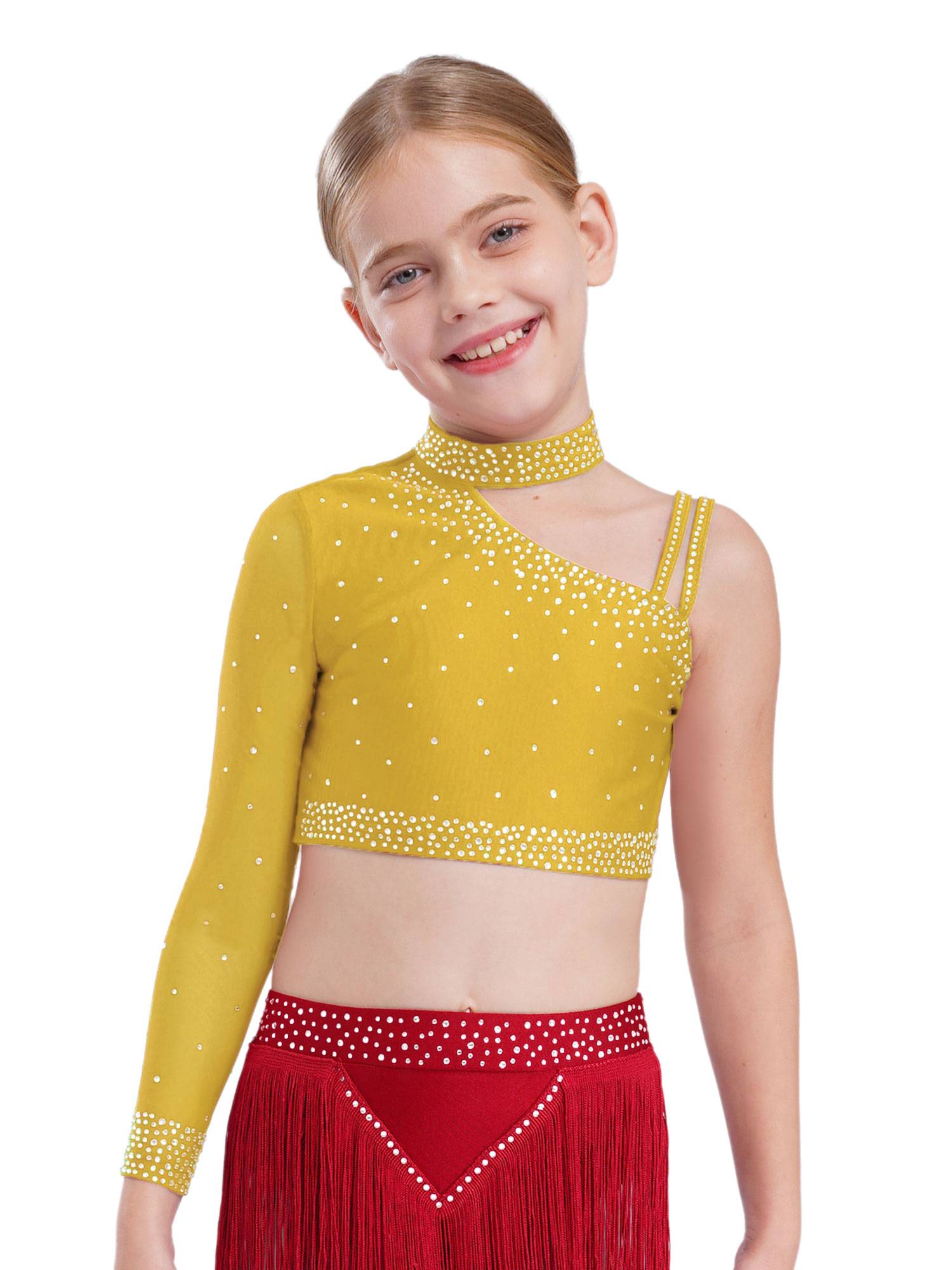 Girls Sparkly Rhinestone 2Pcs Jazz Dance Outfit Crop Top and Feather Skirt