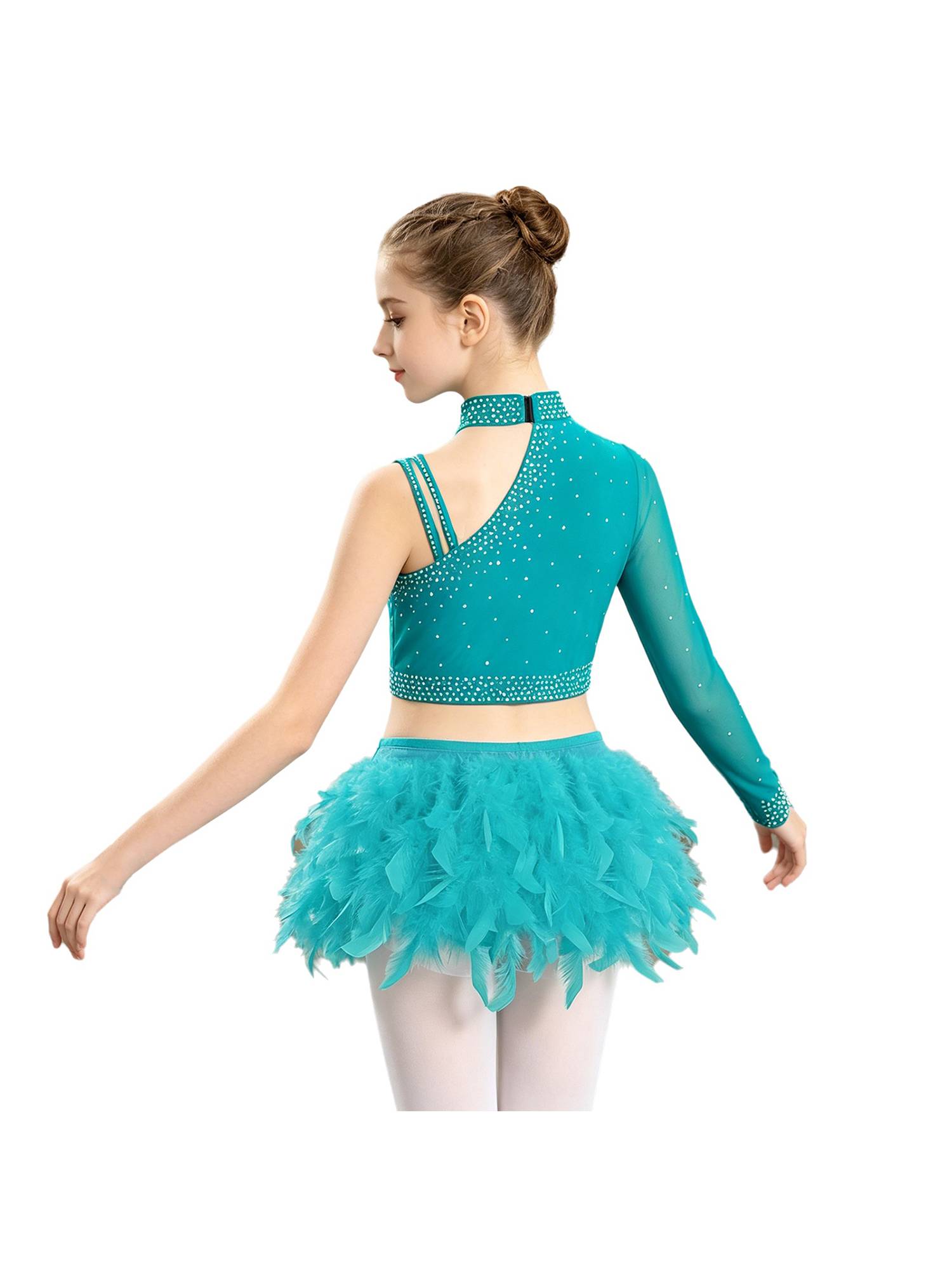 Girls Sparkly Rhinestone 2Pcs Jazz Dance Outfit Crop Top and Feather Skirt