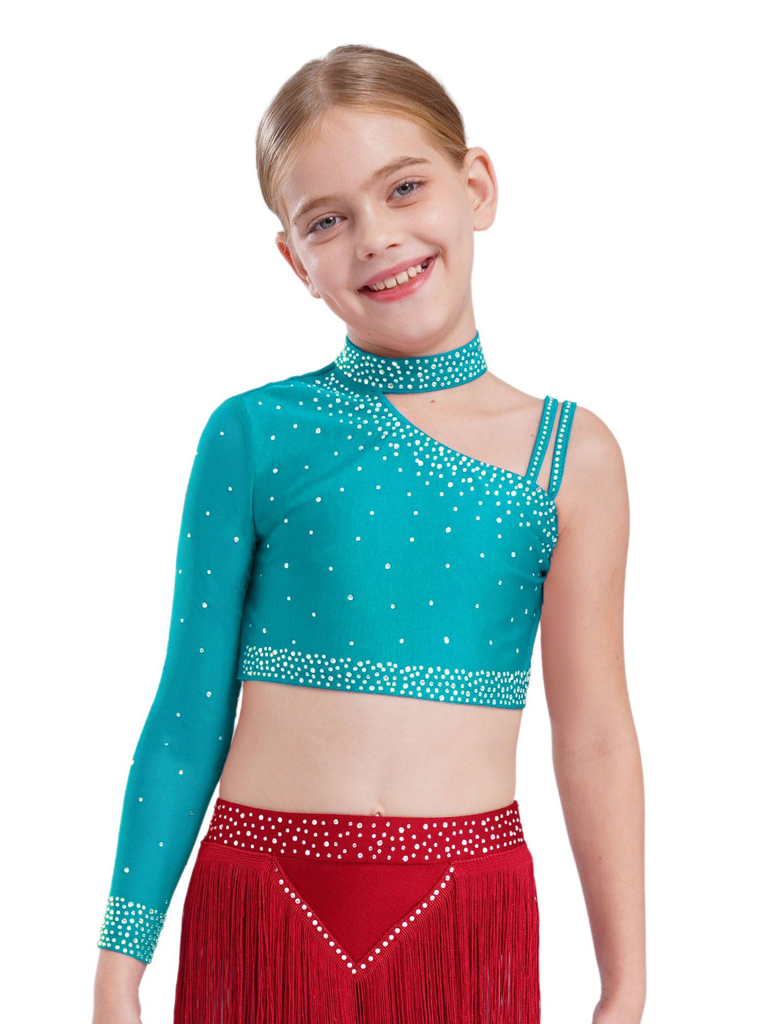 Girls Sparkly Rhinestone 2Pcs Jazz Dance Outfit Crop Top and Feather Skirt