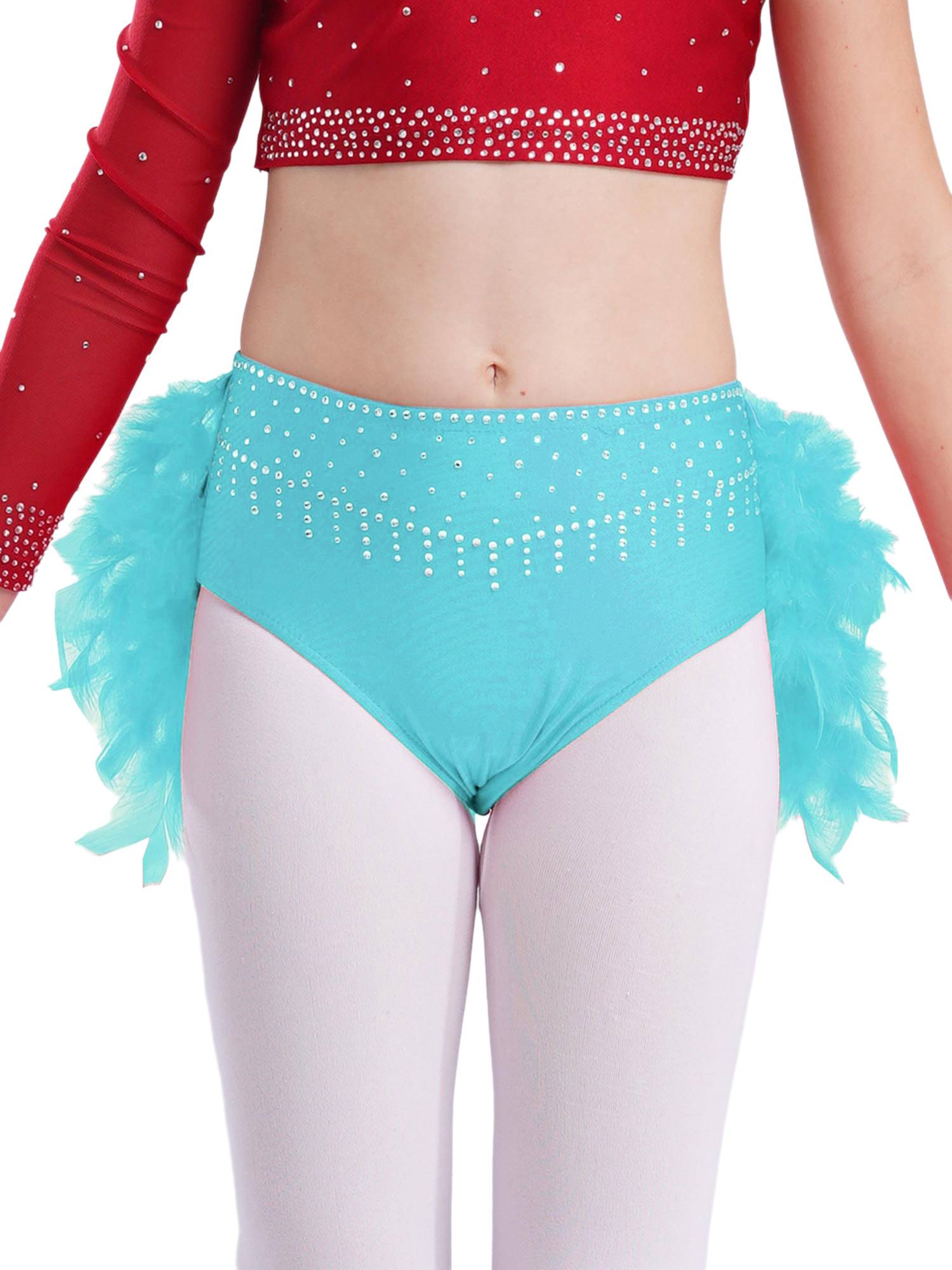 Girls Sparkly Rhinestone 2Pcs Jazz Dance Outfit Crop Top and Feather Skirt