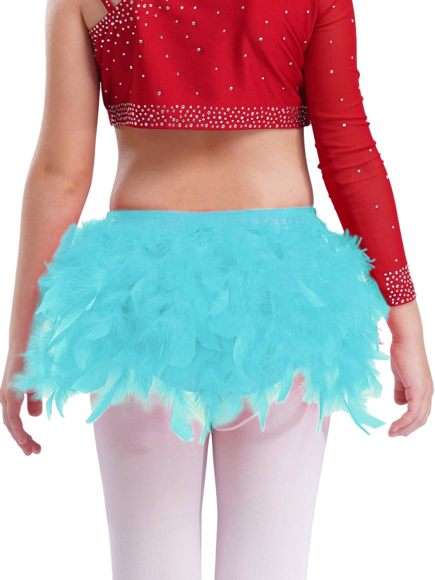 Girls Sparkly Rhinestone 2Pcs Jazz Dance Outfit Crop Top and Feather Skirt