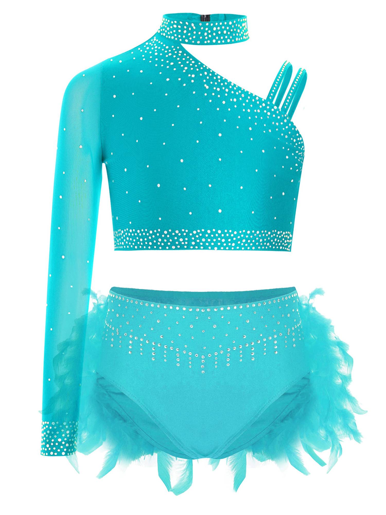 Girls Sparkly Rhinestone 2Pcs Jazz Dance Outfit Crop Top and Feather Skirt