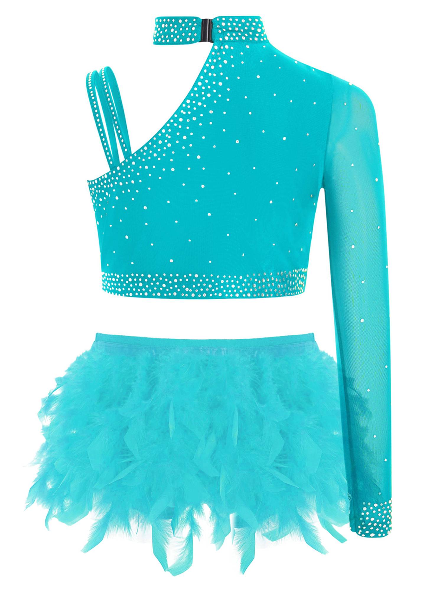 Girls Sparkly Rhinestone 2Pcs Jazz Dance Outfit Crop Top and Feather Skirt