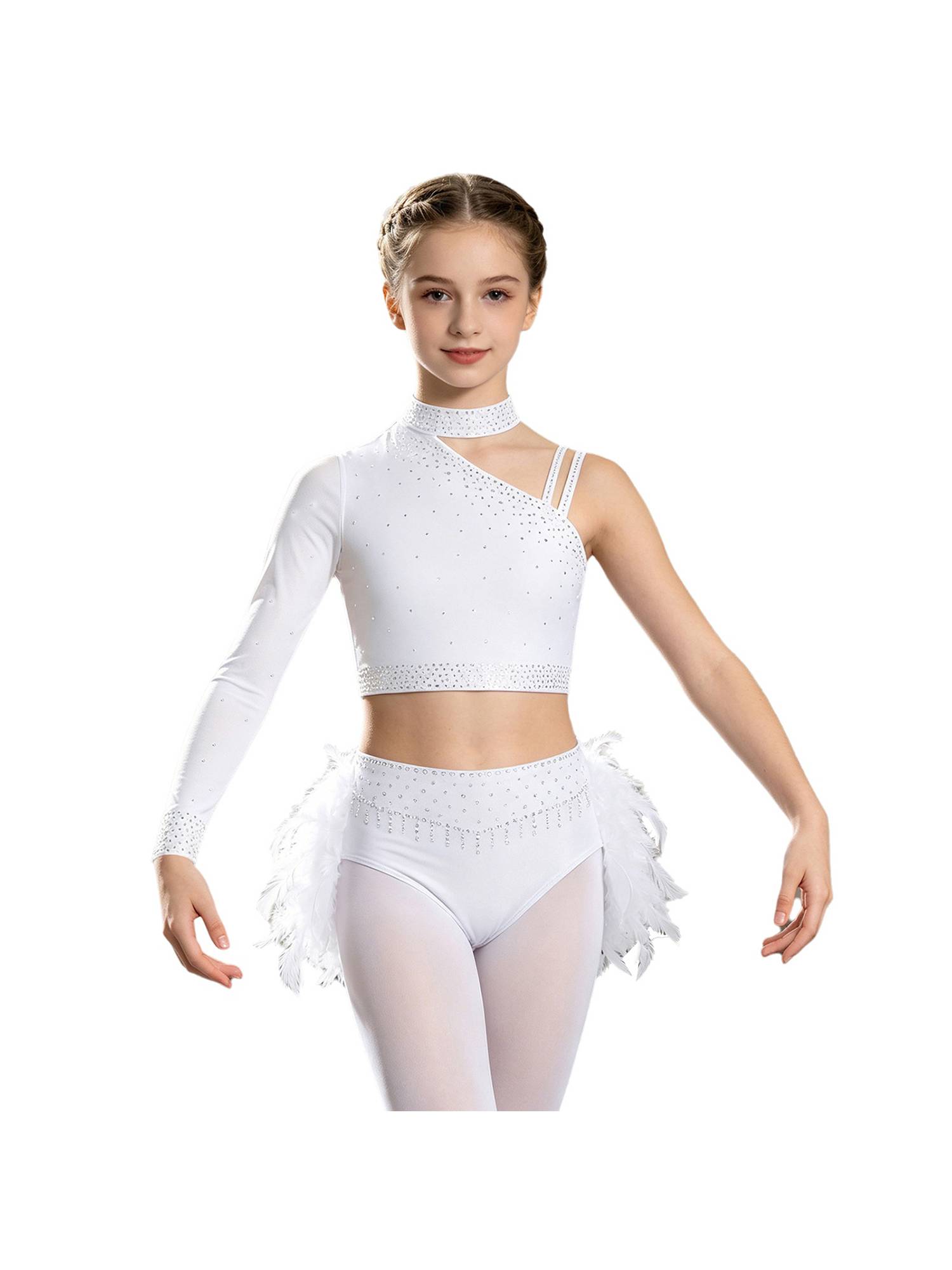Girls Sparkly Rhinestone 2Pcs Jazz Dance Outfit Crop Top and Feather Skirt