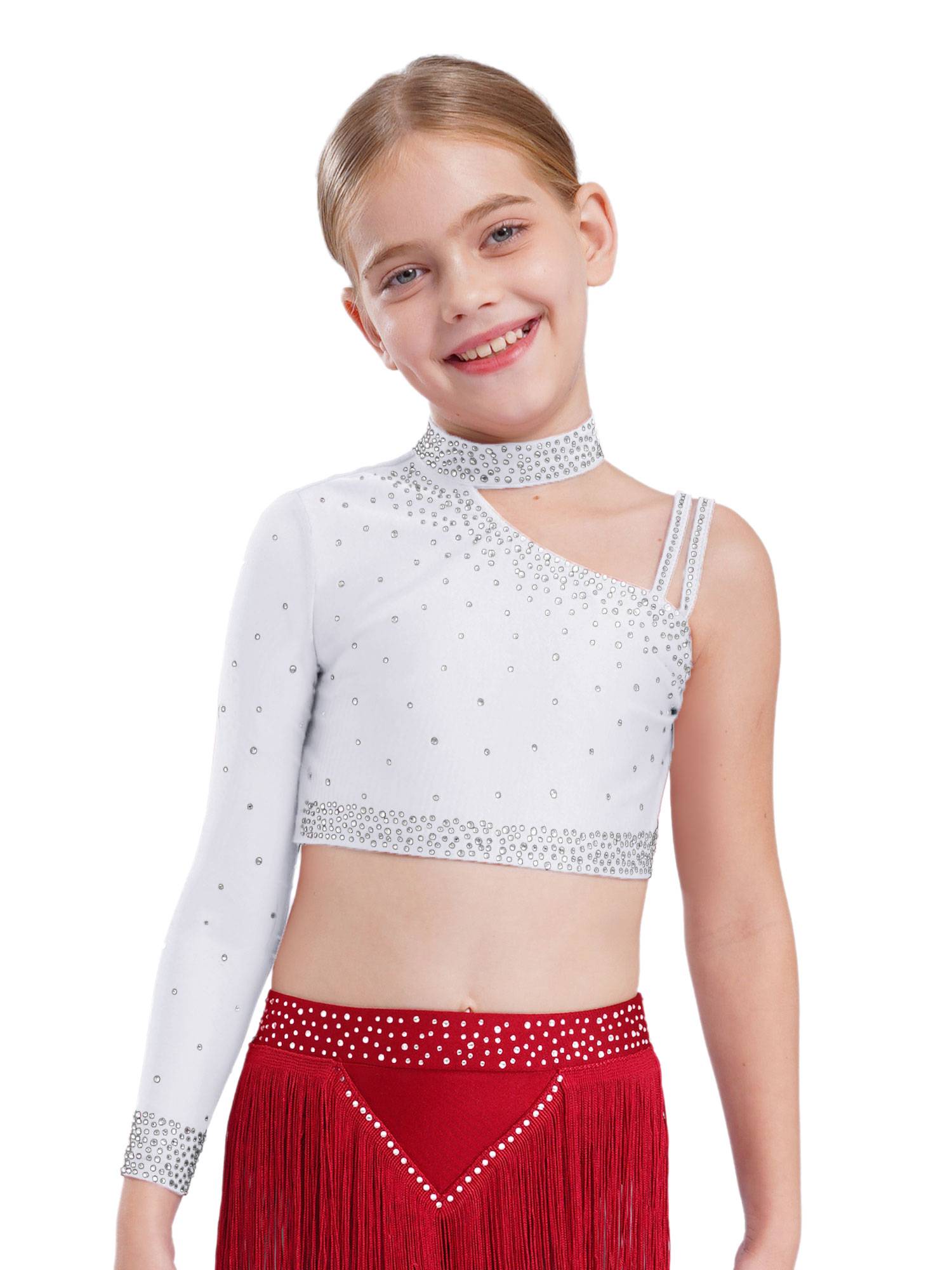 Girls Sparkly Rhinestone 2Pcs Jazz Dance Outfit Crop Top and Feather Skirt