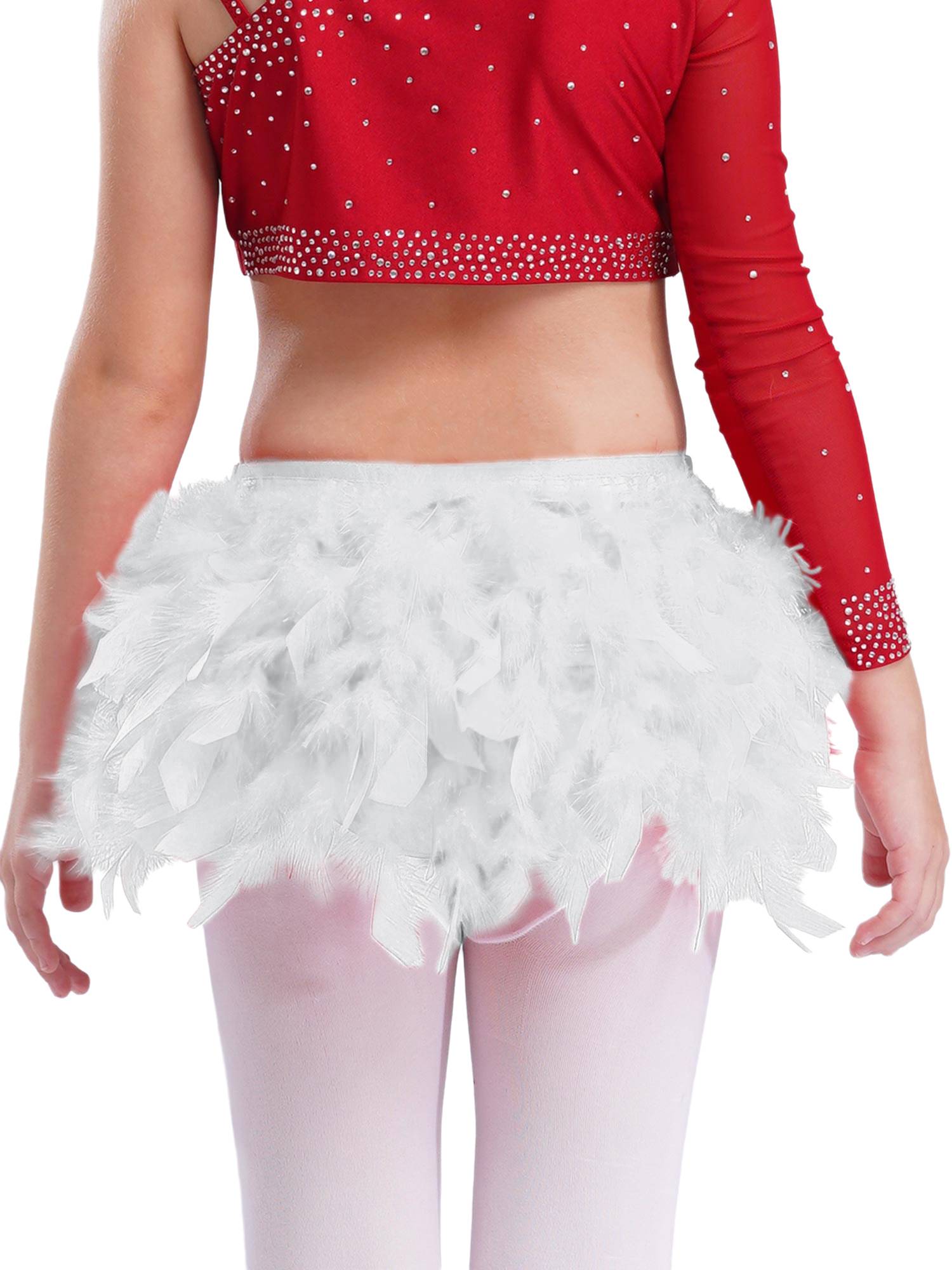 Girls Sparkly Rhinestone 2Pcs Jazz Dance Outfit Crop Top and Feather Skirt