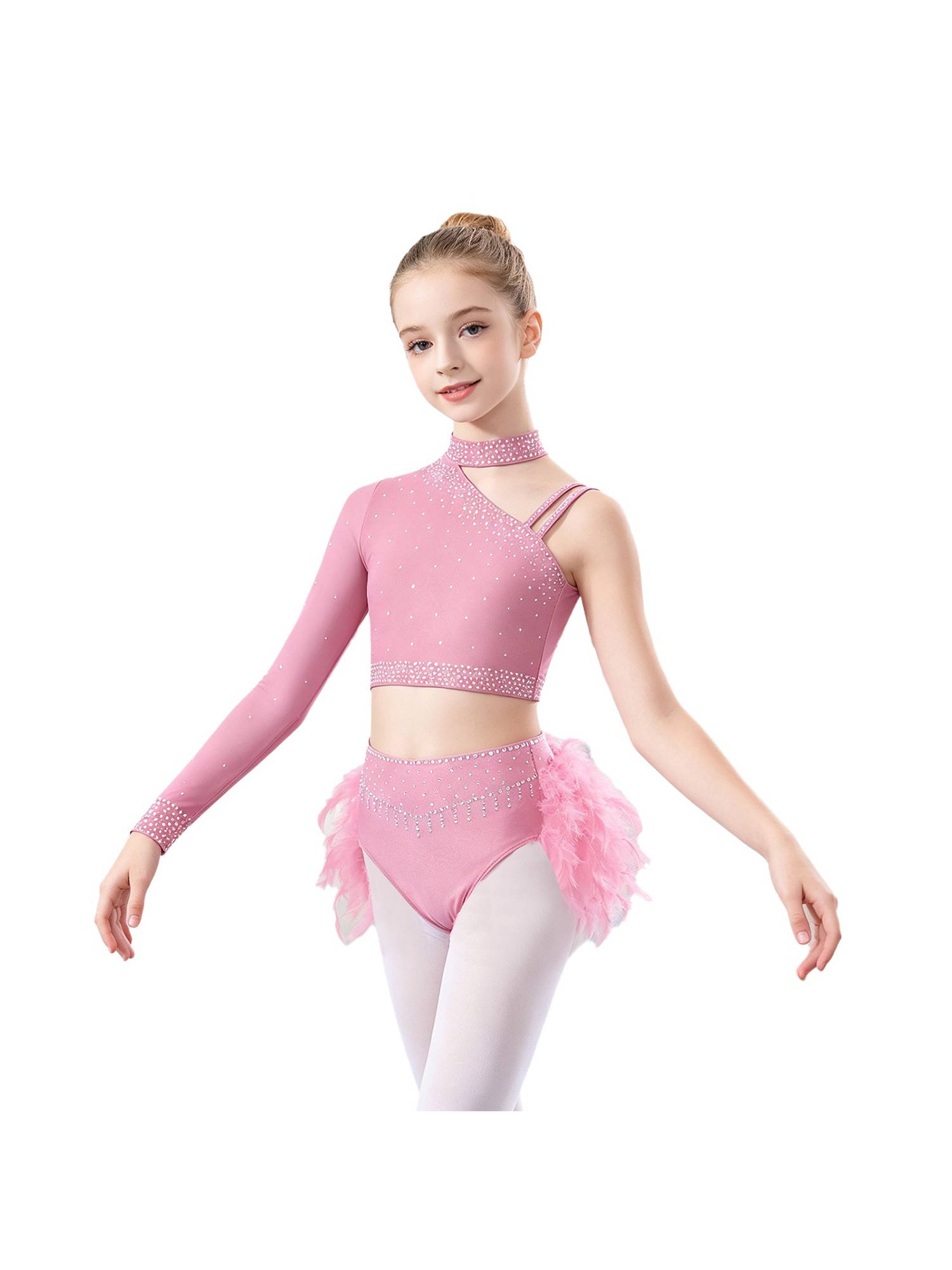 Girls Sparkly Rhinestone 2Pcs Jazz Dance Outfit Crop Top and Feather Skirt