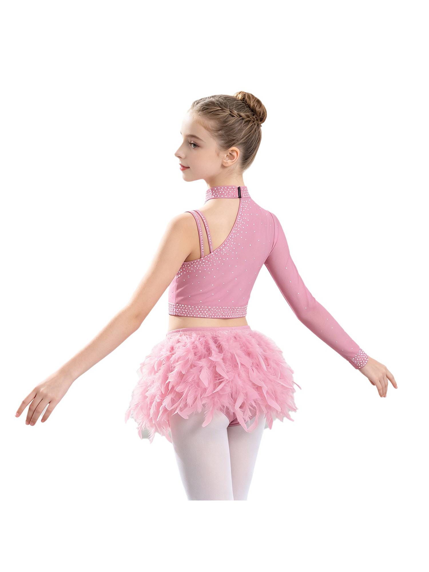 Girls Sparkly Rhinestone 2Pcs Jazz Dance Outfit Crop Top and Feather Skirt