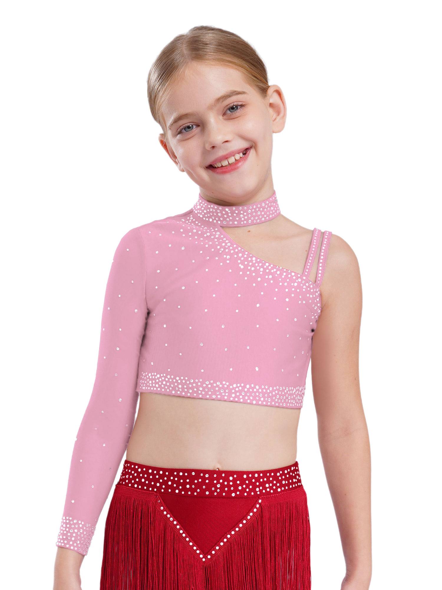 Girls Sparkly Rhinestone 2Pcs Jazz Dance Outfit Crop Top and Feather Skirt