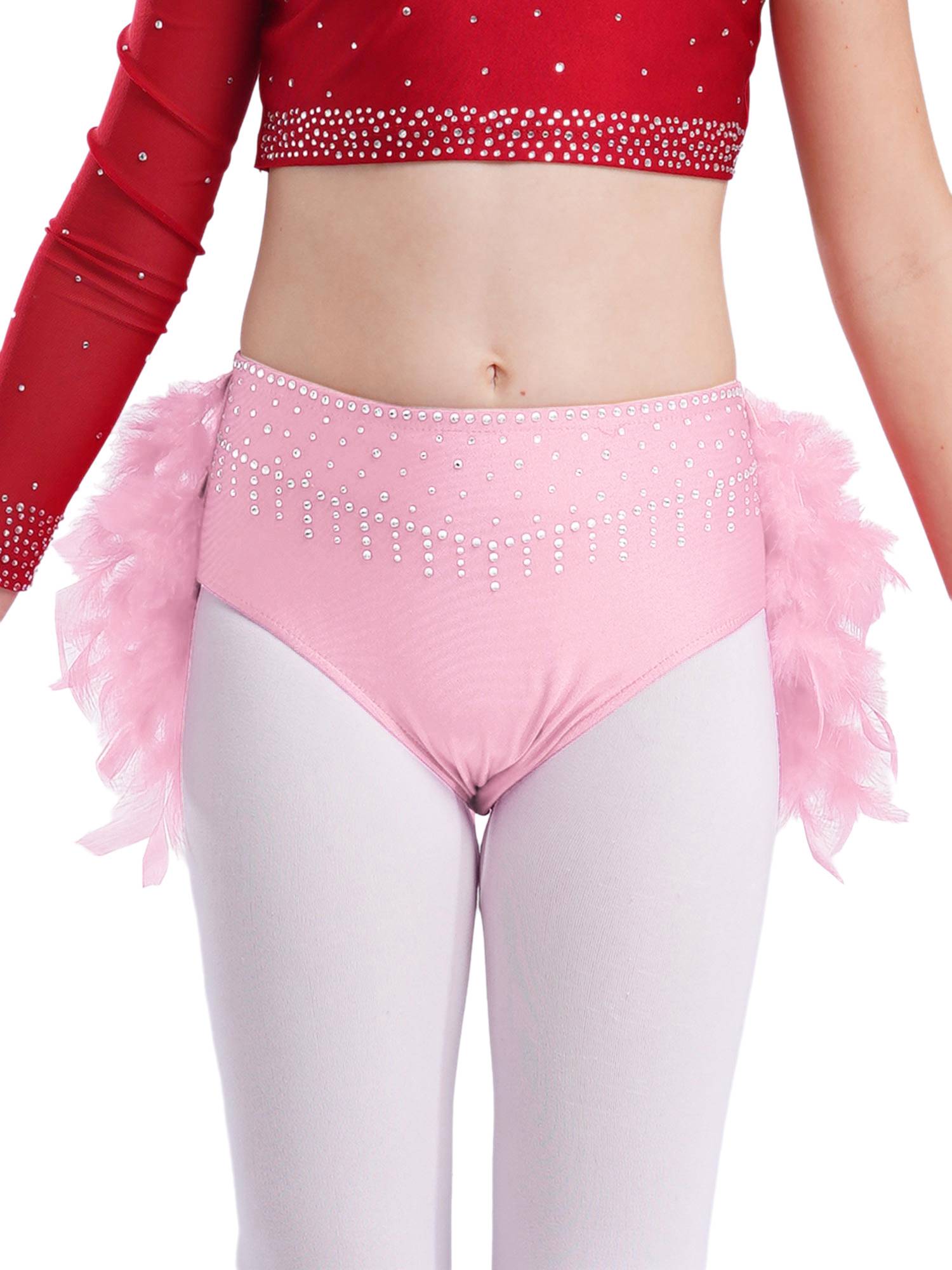 Girls Sparkly Rhinestone 2Pcs Jazz Dance Outfit Crop Top and Feather Skirt
