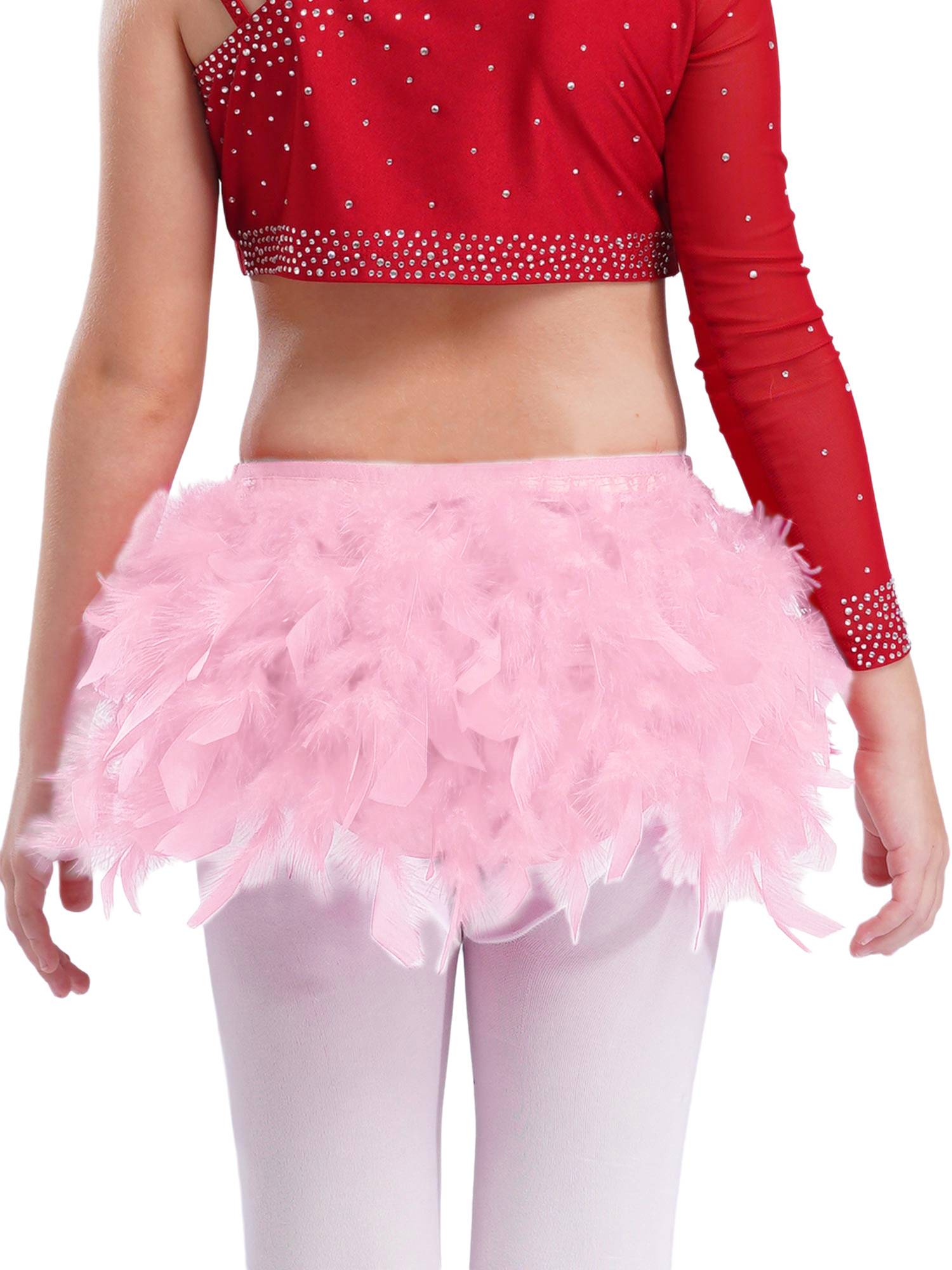 Girls Sparkly Rhinestone 2Pcs Jazz Dance Outfit Crop Top and Feather Skirt